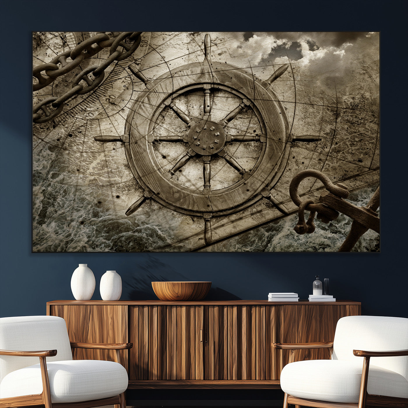 SEG-FC-51X34_Oversize - Wooden Ship Wheel Canvas Print, Multi Panel Canvas Wall Art Print