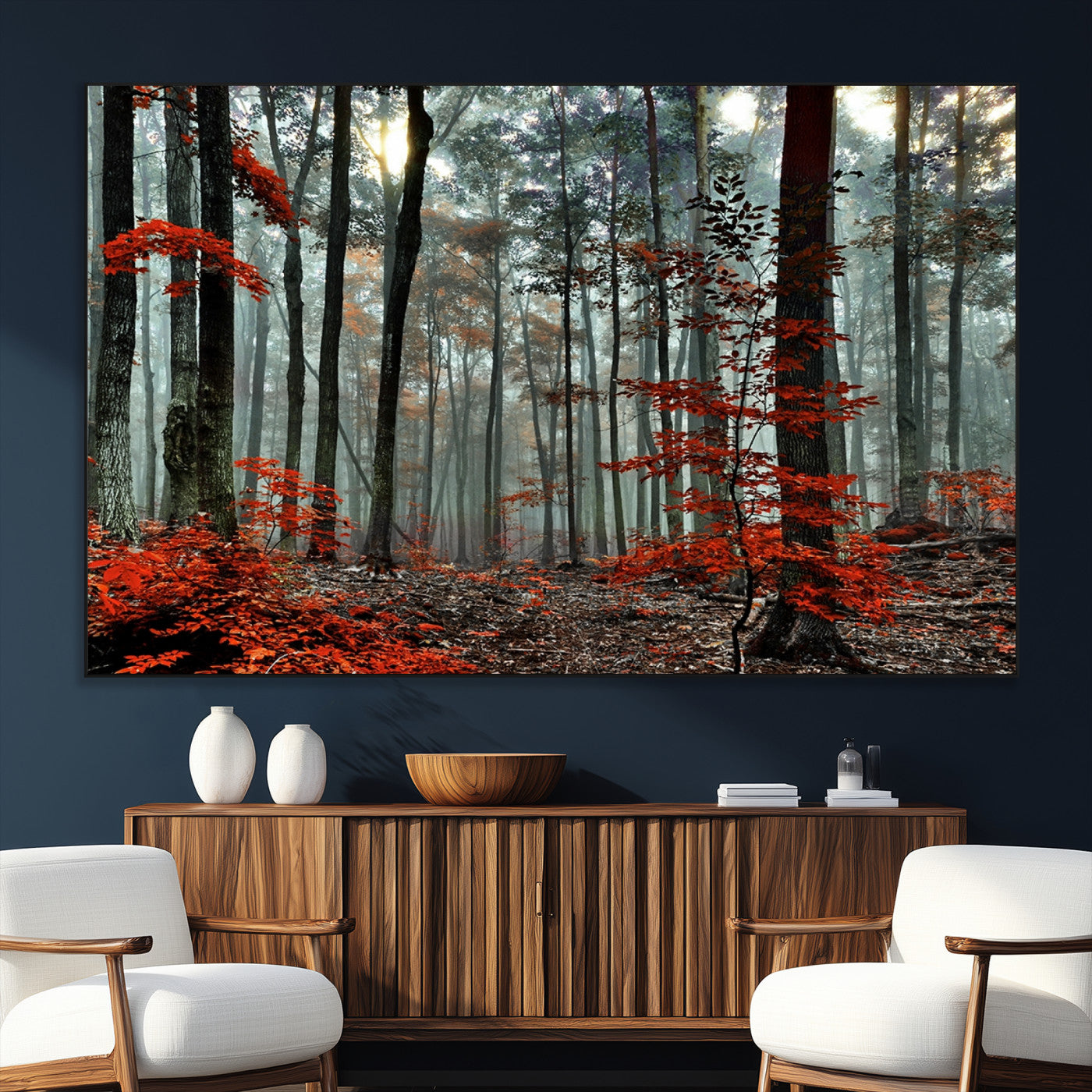 SEG-FC-51X34_Oversize - Autumn Forest Canvas Wall Art – Enchanting Red Leaves Triptych Print – Nature-Inspired Decor for