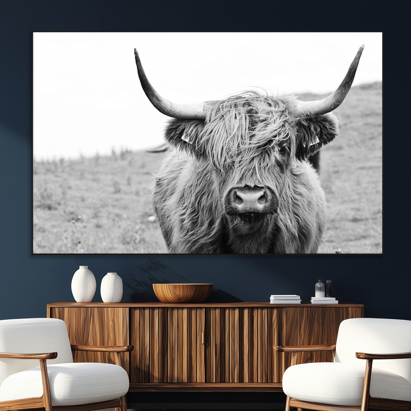 SEG-FC-51X34_Oversize - Newfoundland Cow Art Wall Art, Black White Cow Art Wall Art Canvas Print