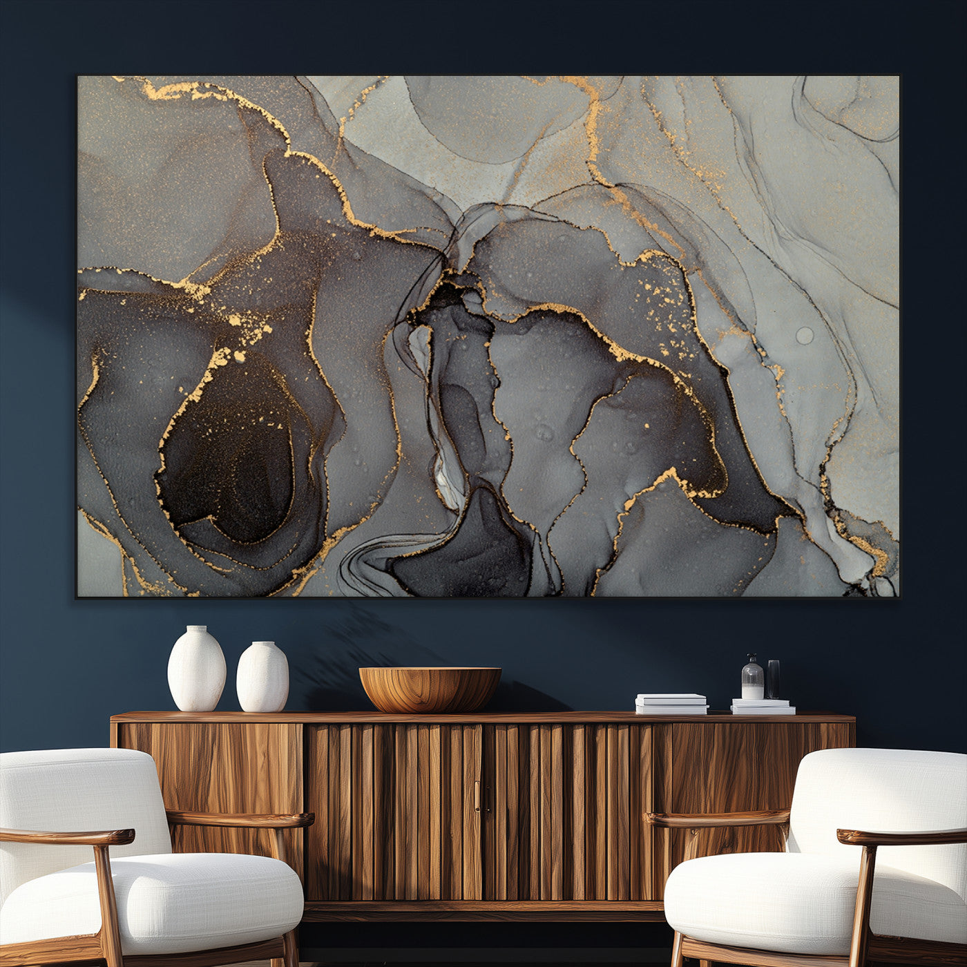 SEG-FC-51X34_Oversize - Gray Marble Fluid Effect Wall Art Abstract Canvas Wall Art Print