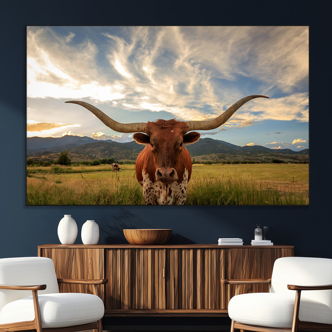 SEG-FC-51X34_Oversize - Texas Longhorn Canvas Wall Art – Majestic Triptych Animal Print – Rustic Western Decor for Living