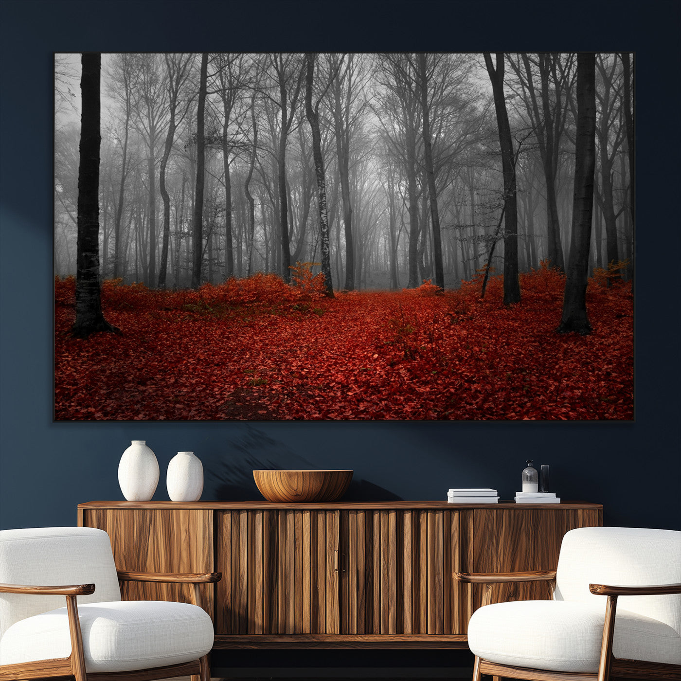 -Red Forest Floor Canvas Wall Art – Mystical Foggy Woodland Triptych – Nature-Inspired Decor for