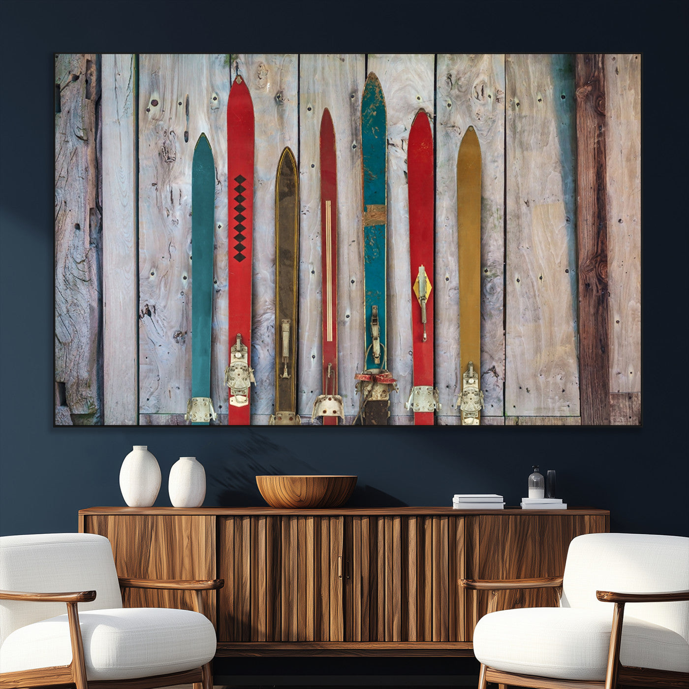 SEG-FC-51X34_Oversize - Vintage Wooden Weathered Ski's in Front of an Old Barn Wall Art Canvas Print for Farmhouse, Cabin