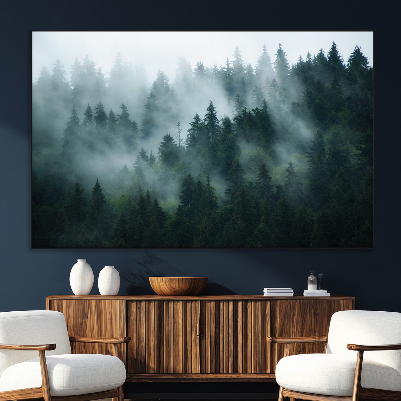 SEG-FC-51X34_Oversize - Foggy Forest 3-Panel Canvas Wall Art | Large Giclée Nature Scene Print for Living Room, Office, or