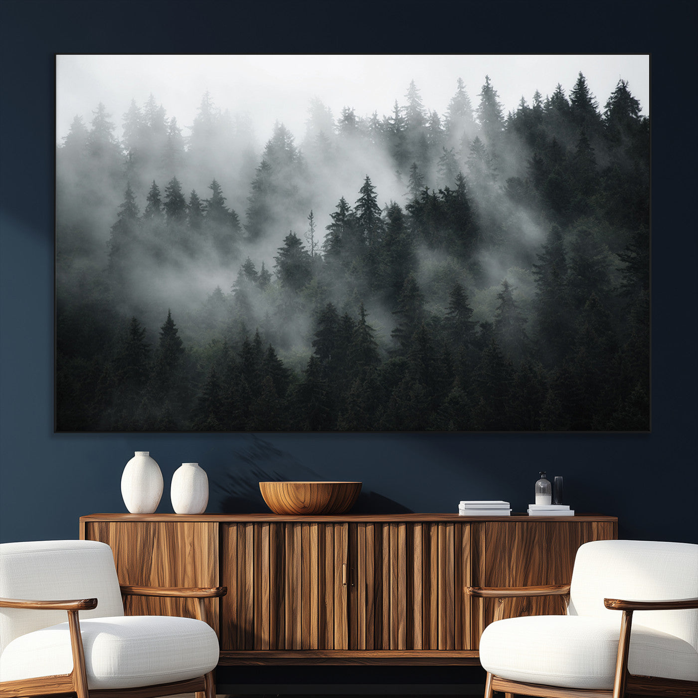 SEG-FC-51X34_Oversize - Foggy Forest Wall Art Canvas Print | 3 Panel Large Misty Landscape for Dining Room, Office, or