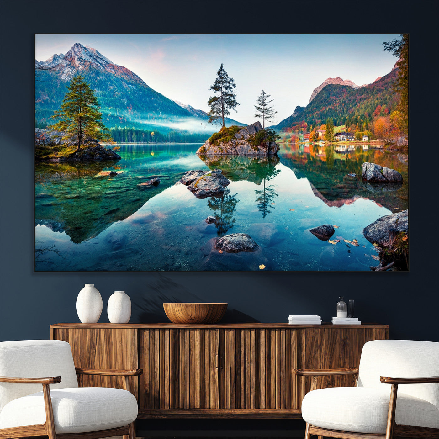 55009-SEG-FC-51X34_Oversize_Oversize-Crystal Clear Lake Wall Art | Mountains Wall Art Canvas | 3 Panel Large Landscape Print for Dining