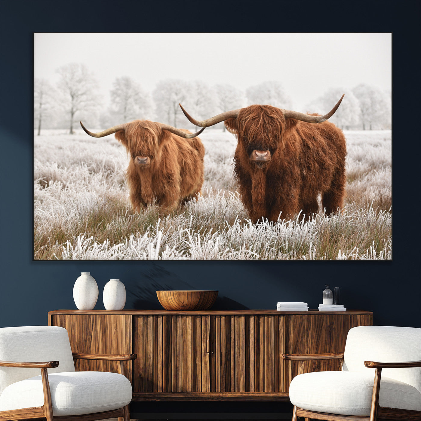 SEG-FC-51X34_Oversize - Longhorn Cattle Wall Art Canvas Print, Framed Farmhouse Style Art Picture Print, Rustic Cow Perfect Rustic Farmhouse Decor Artwork