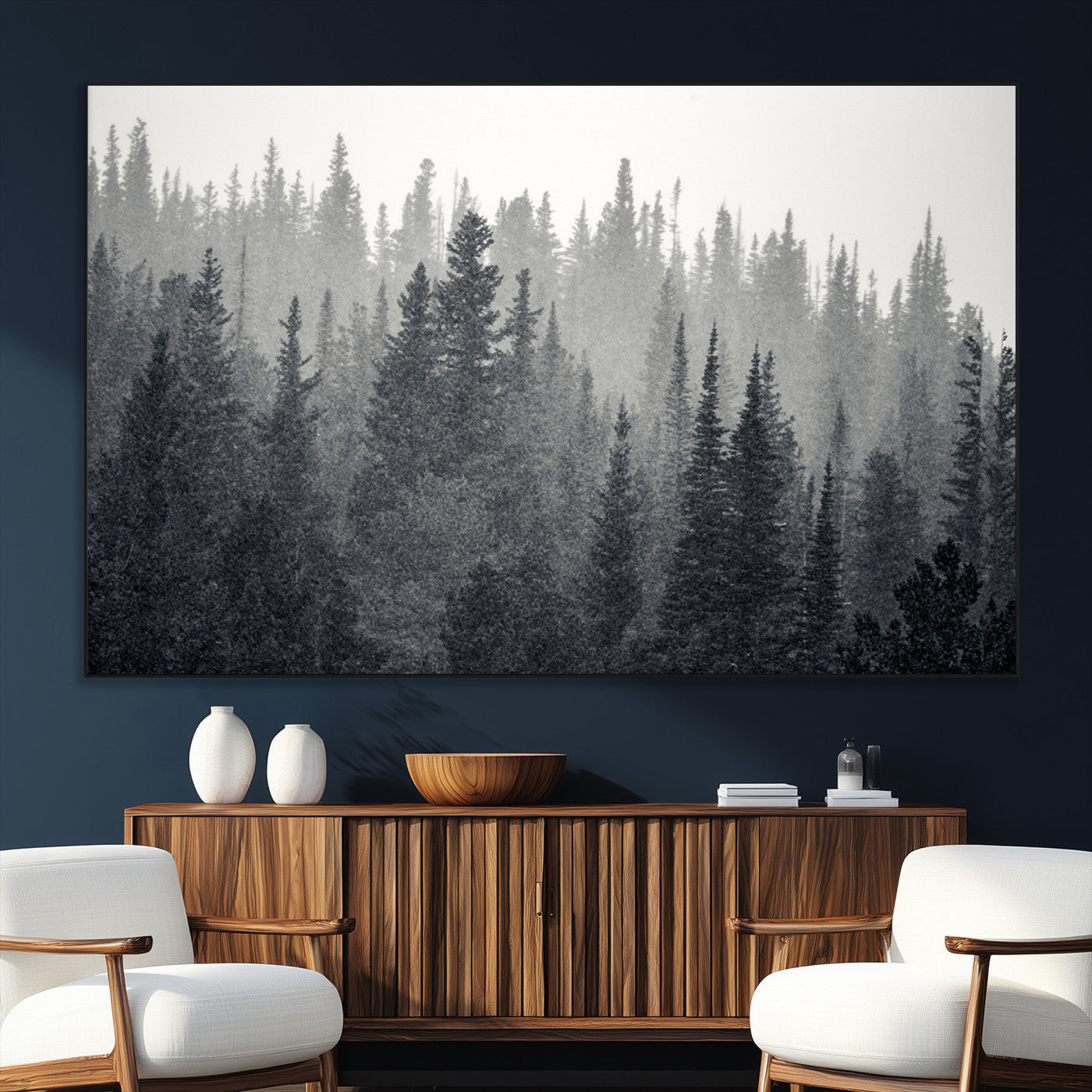 SEG-FC-51X34_Oversize - Misty Forest Canvas Wall Art – Monochrome Triptych Pine Tree Print – Nature-Inspired Home Decor –
