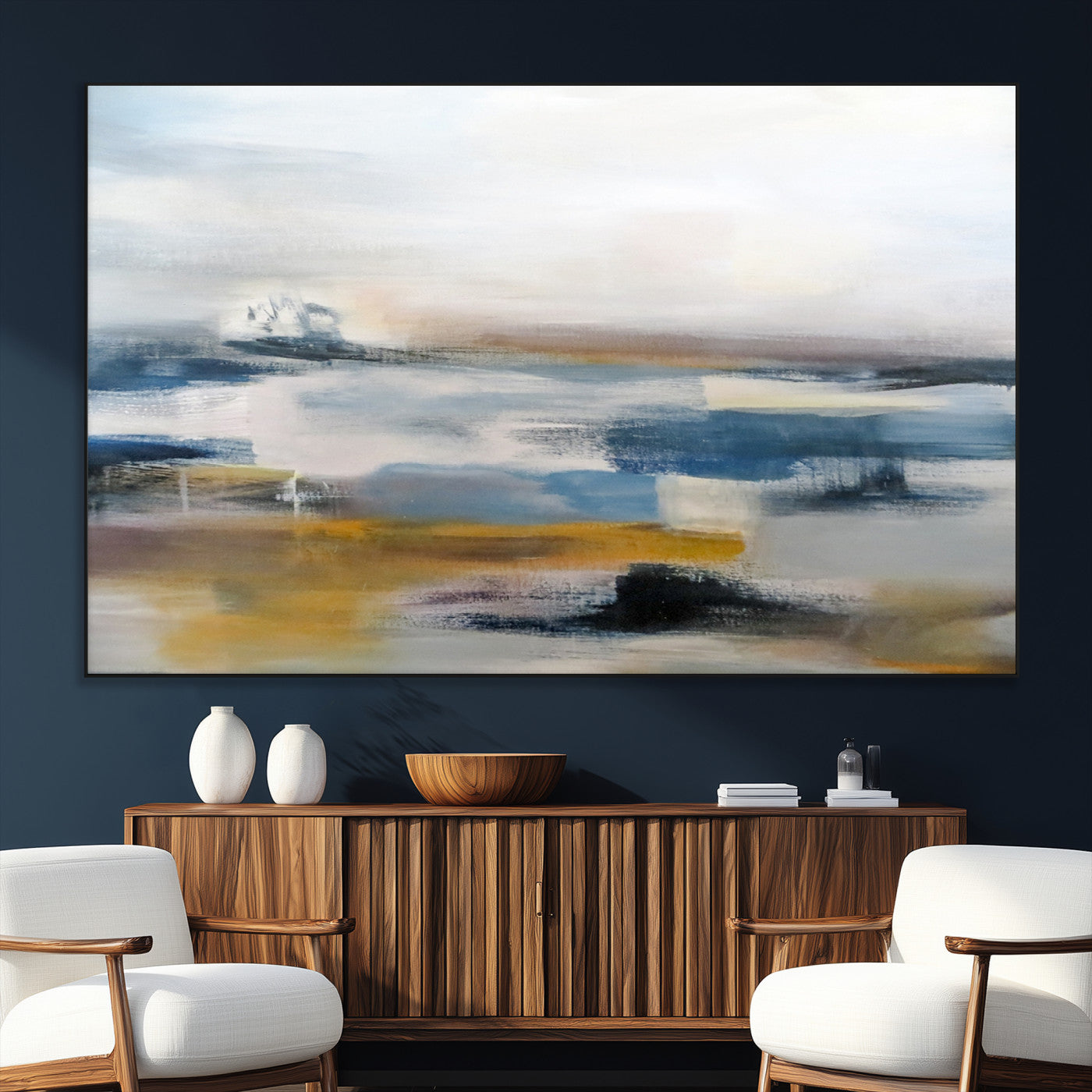 SEG-FC-51X34_Oversize - Abstract Landscape Wall Art Canvas | 3 Panel Modern Blue, Gold, and White Canvas Art for Living