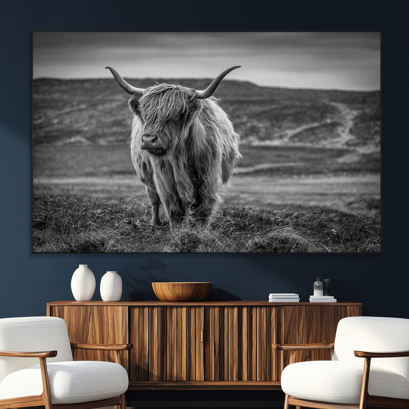SEG-FC-51X34_Oversize - Fluffy Cattle Wall Art Print, Highland Cow Canvas, Framed Black and white Wall Art