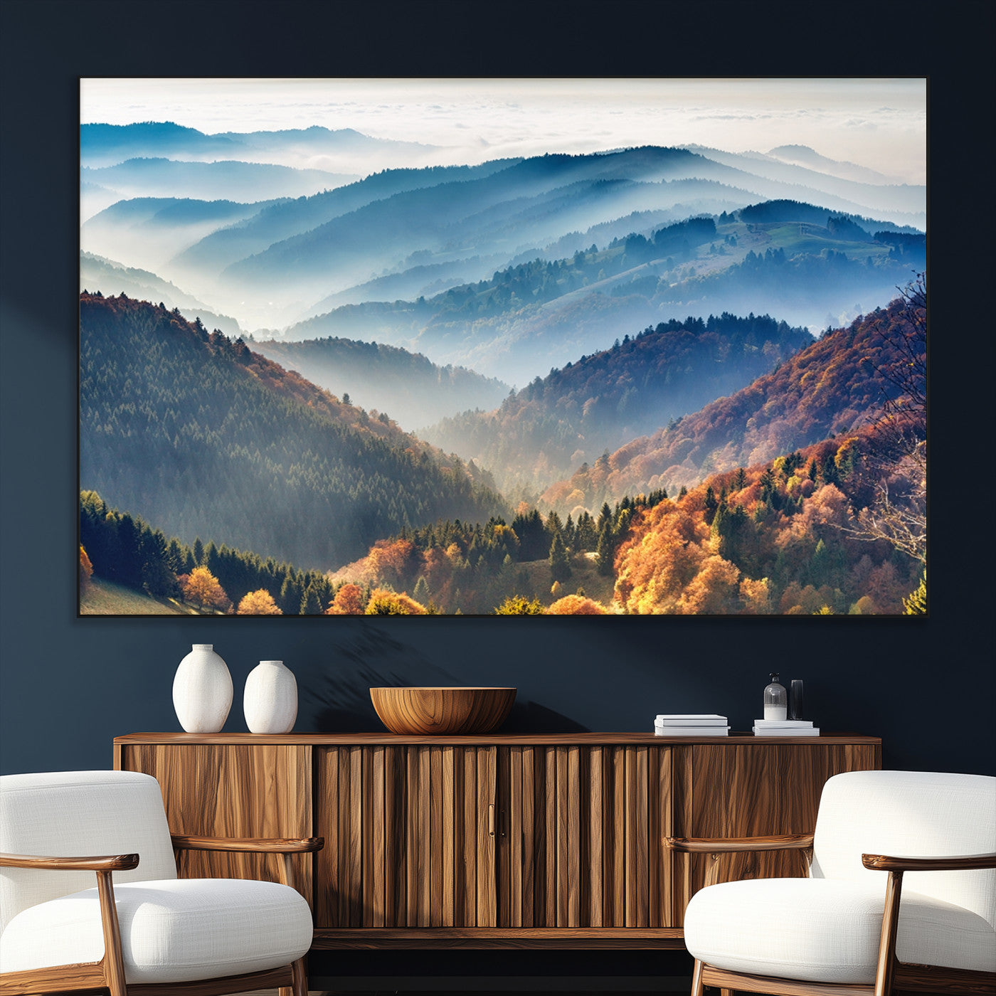 SEG-FC-51X34_Oversize - Misty Mountain Sunrise Triptych Canvas Print – Autumn Landscape Wall Art – Scenic Nature Decor –