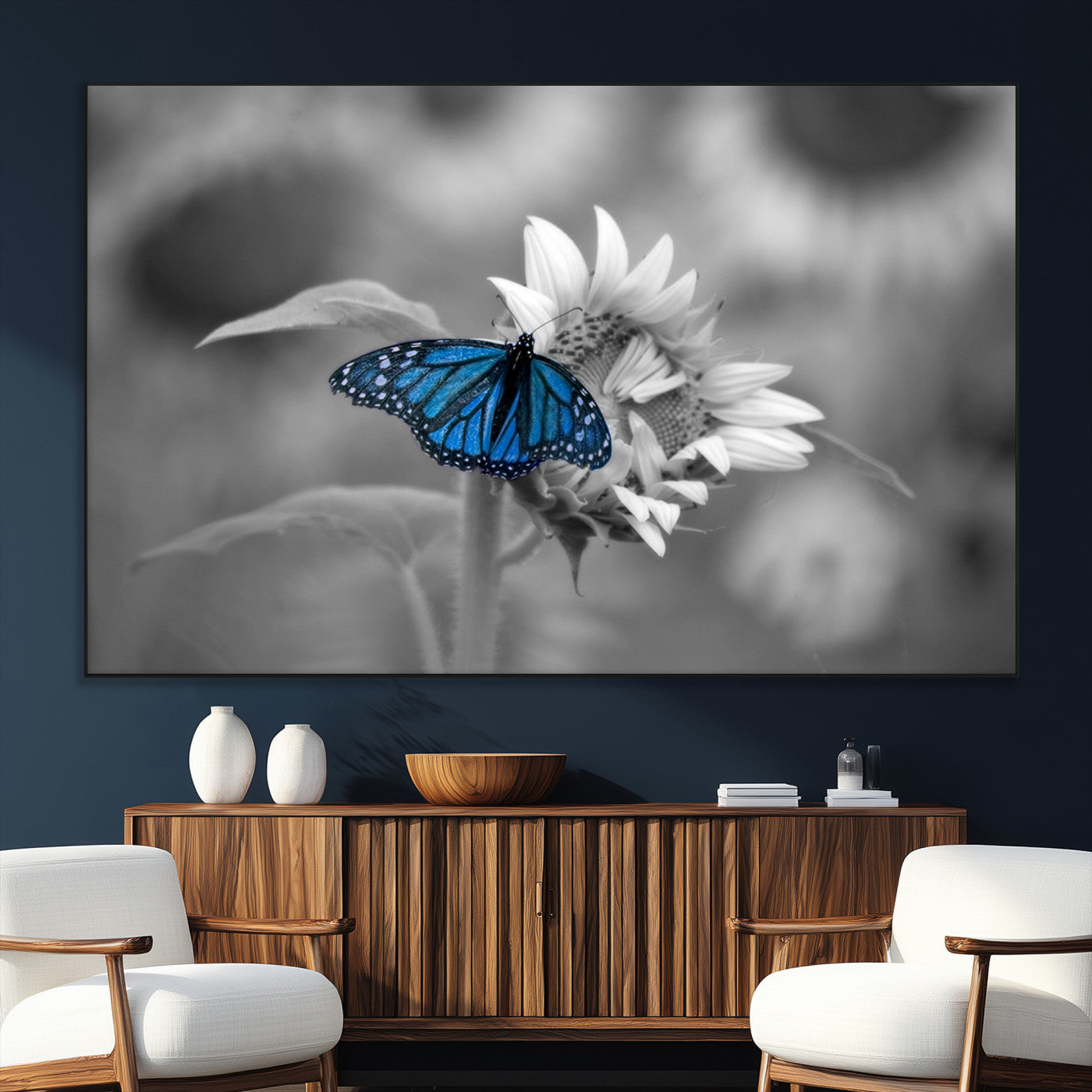 SEG-FC-51X34_Oversize - Blue Butterfly Black and White Canvas Wall Art