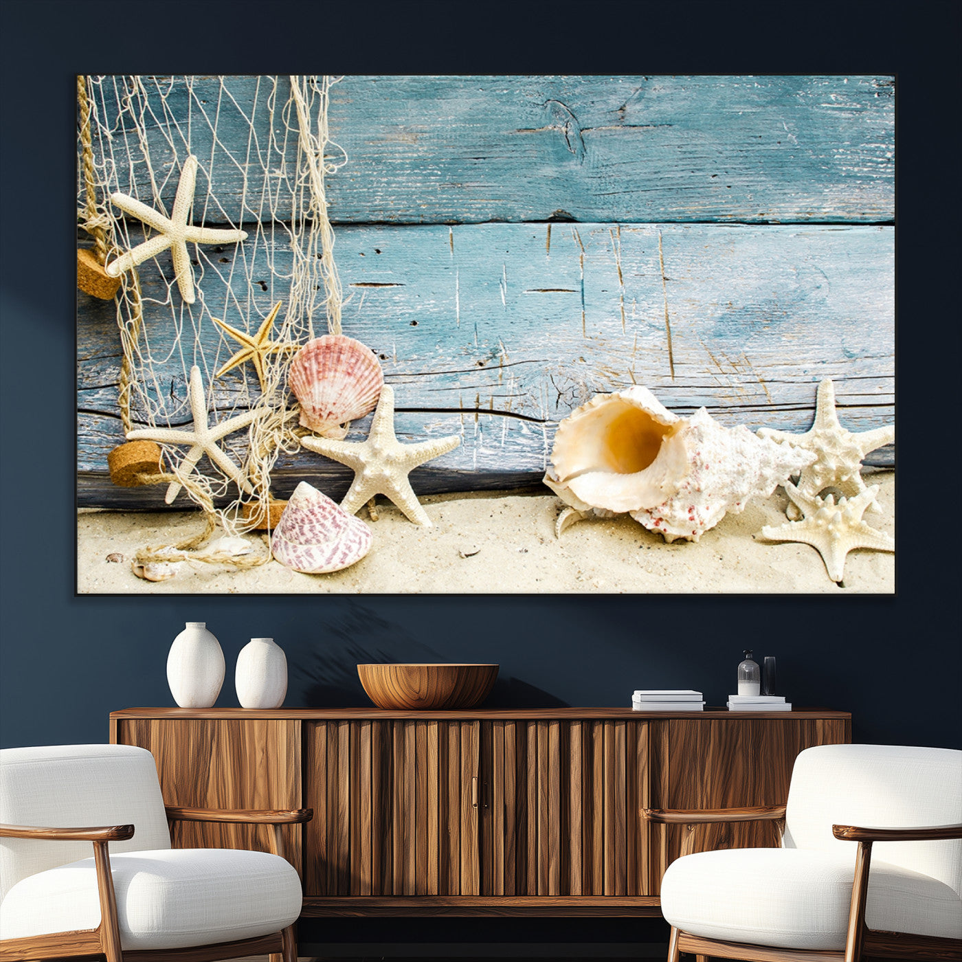 SEG-FC-51X34_Oversize - Seashells on Rustic Wooden Background, Seashells Wall Art Canvas Print