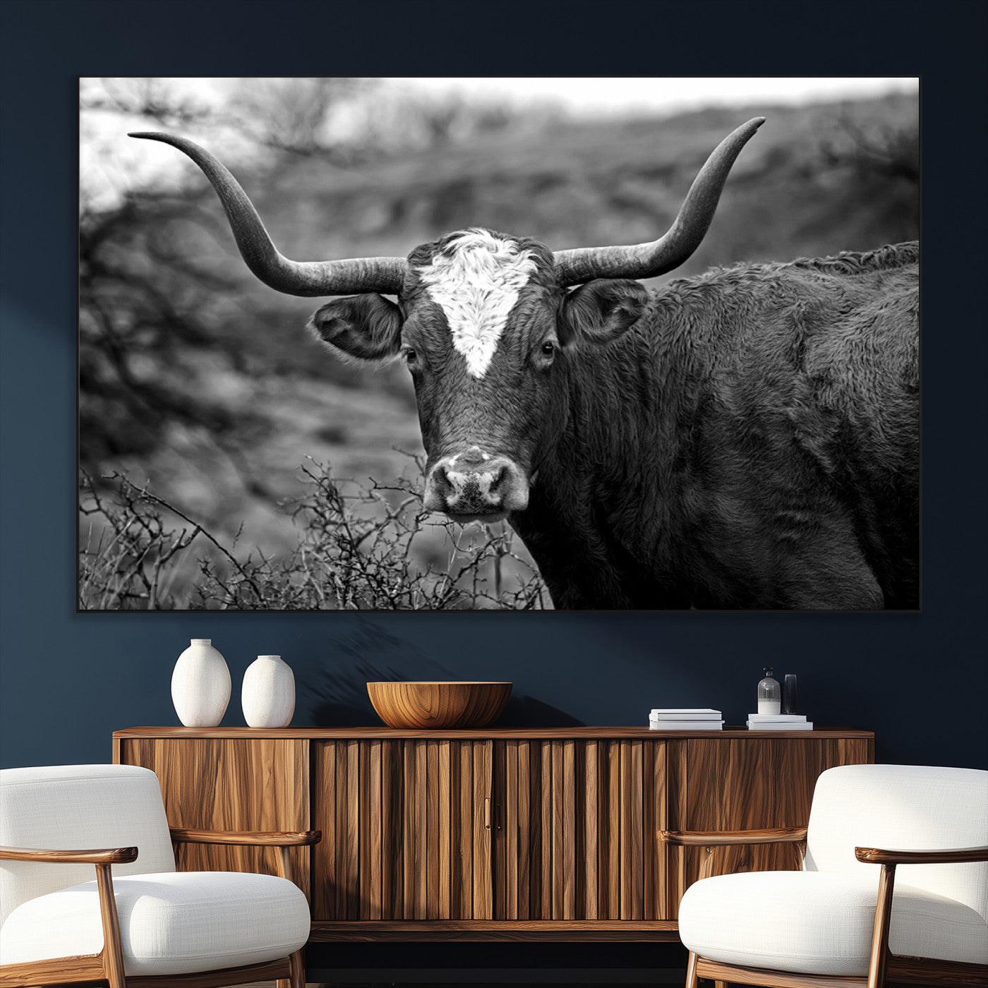 SEG-FC-51X34_Oversize - Western Home Wall Art Canvas Print, Framed Texas Longhorn Art Picture Print, Rustic Cow Perfect Rustic Farmhouse Decor Artwork