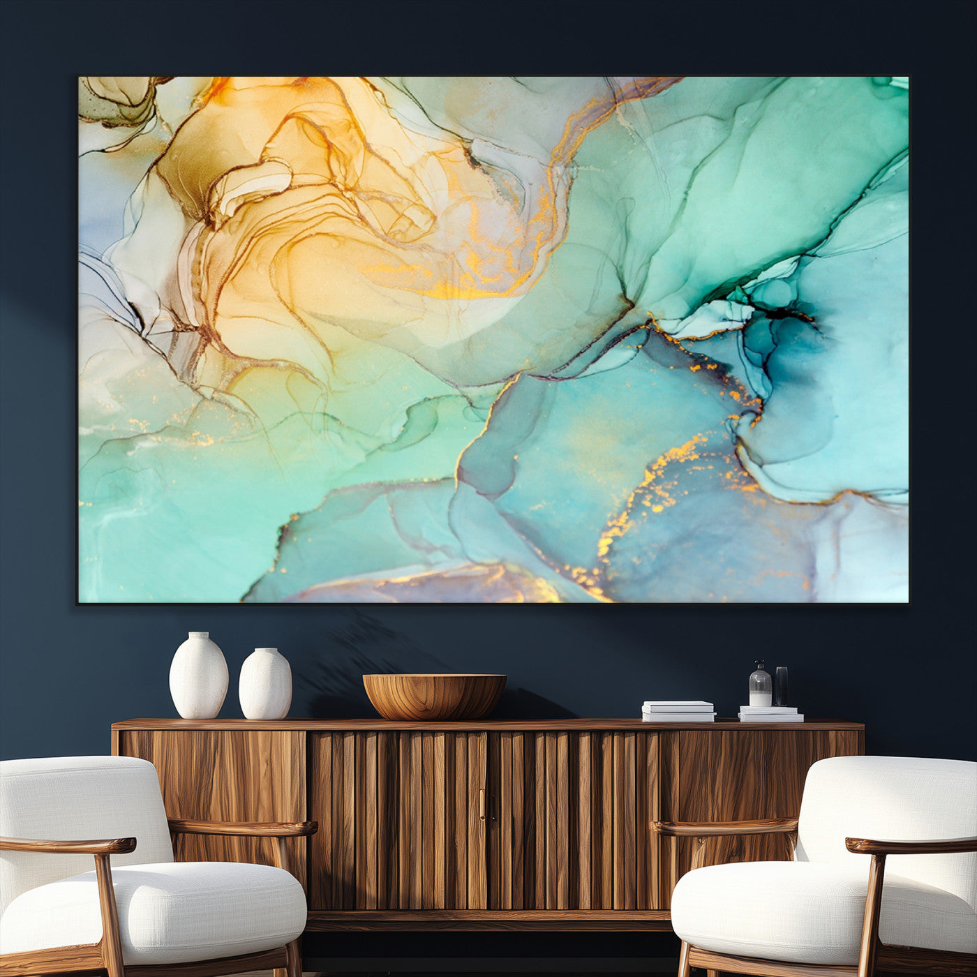 SEG-FC-51X34_Oversize - Abstract Aqua and Gold Fluid Wall Art Canvas | 3 Panel Large Canvas Print for Living Room, Office,