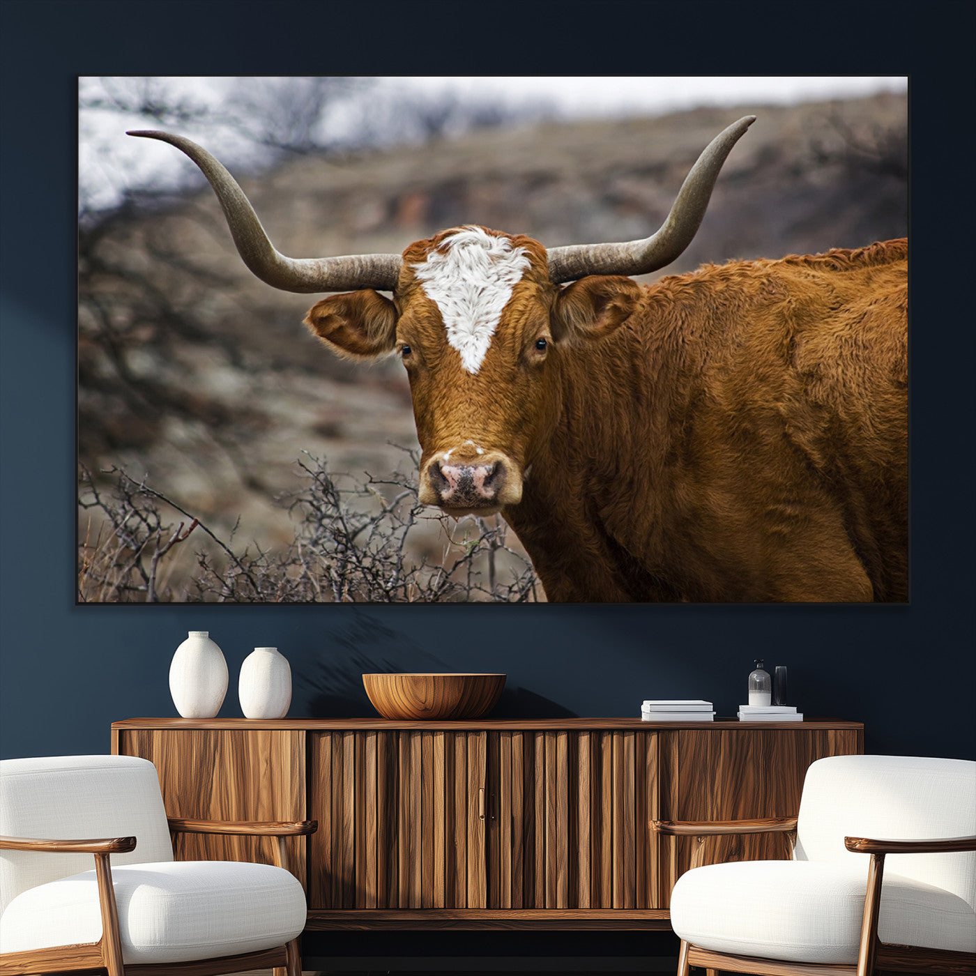 SEG-FC-51X34_Oversize - Texas Longhorn Canvas Wall Art - Longhorn Steer Canvas Wall Art Print- Rustic Western Animal Print,