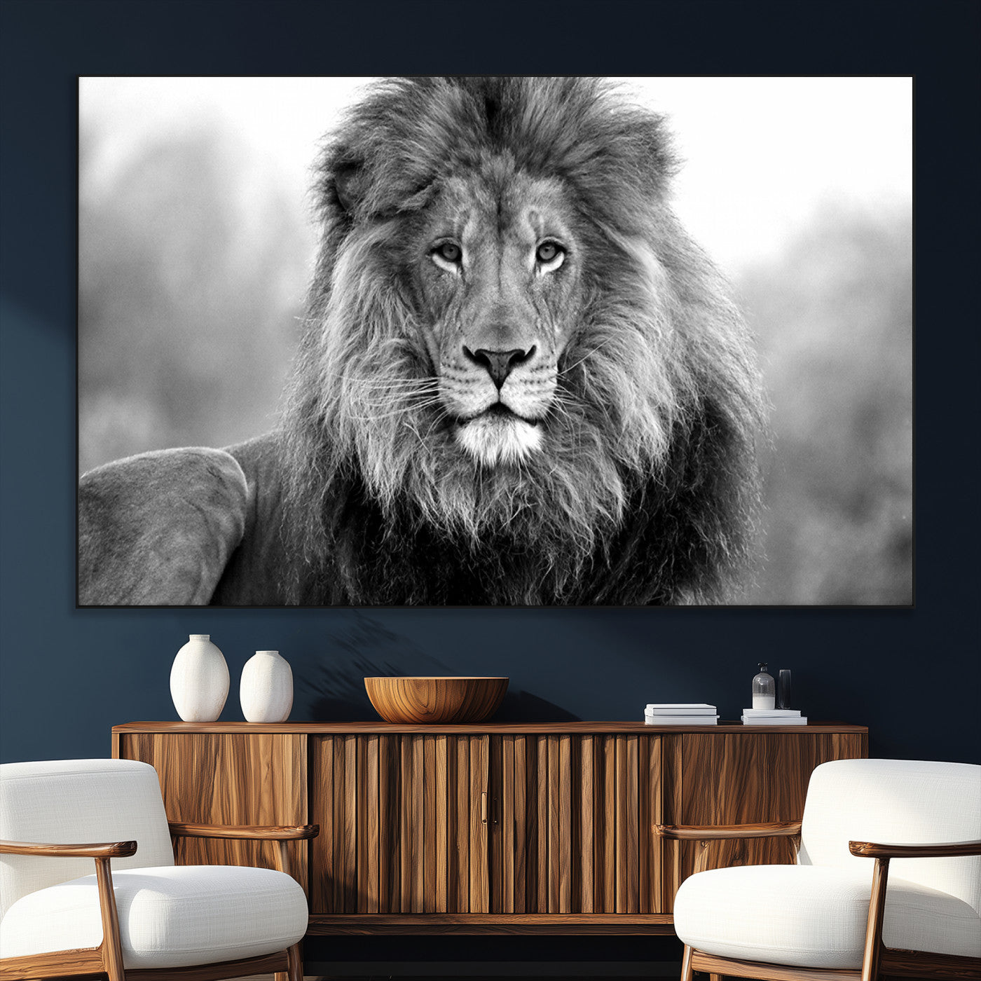 SEG-FC-51X34_Oversize - Black and White Lion Canvas Wall Art Animal Print