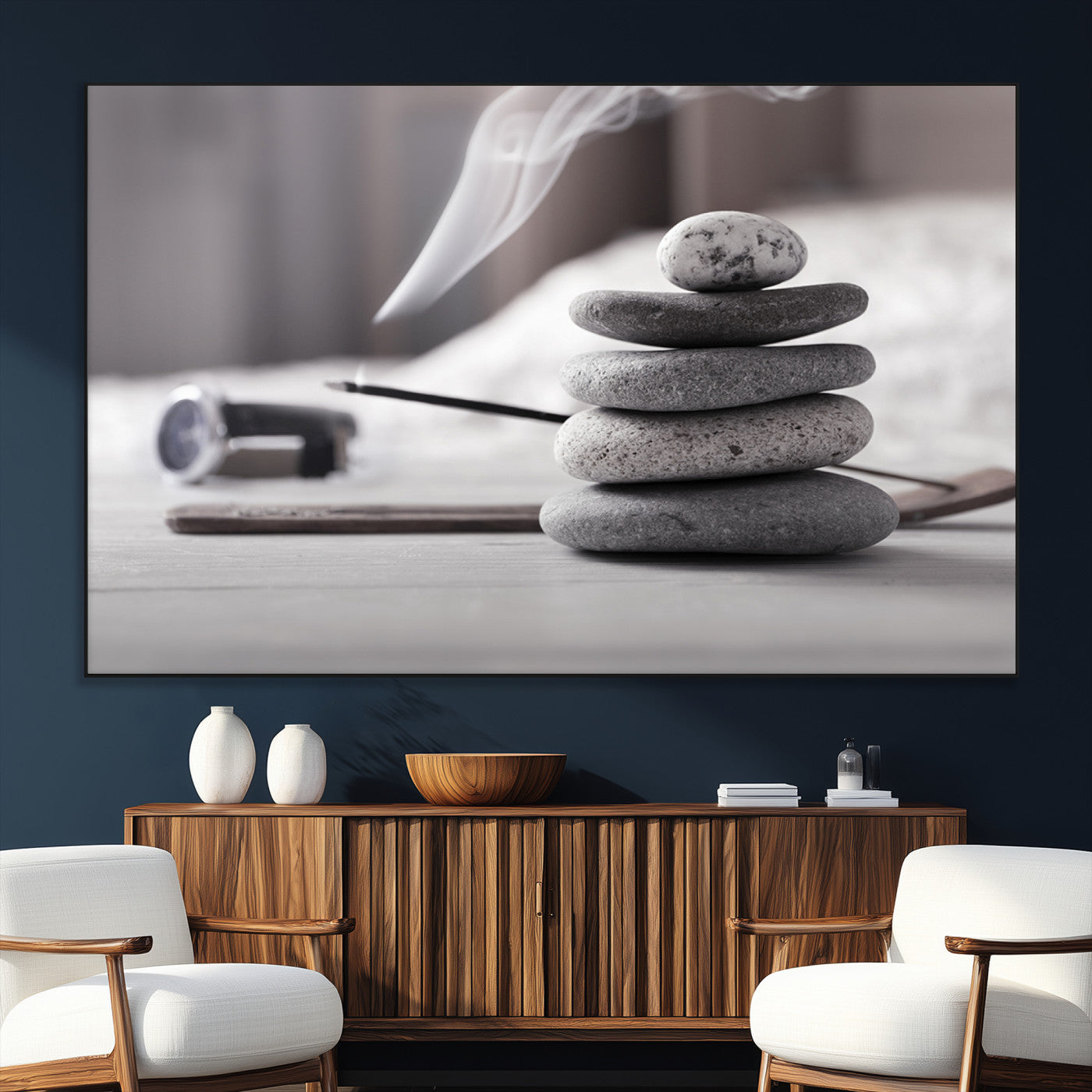 SEG-FC-51X34_Oversize - Burning Incense and Zen Stones Buddhism Wall Art, Zen Stones Wall Art Canvas Print