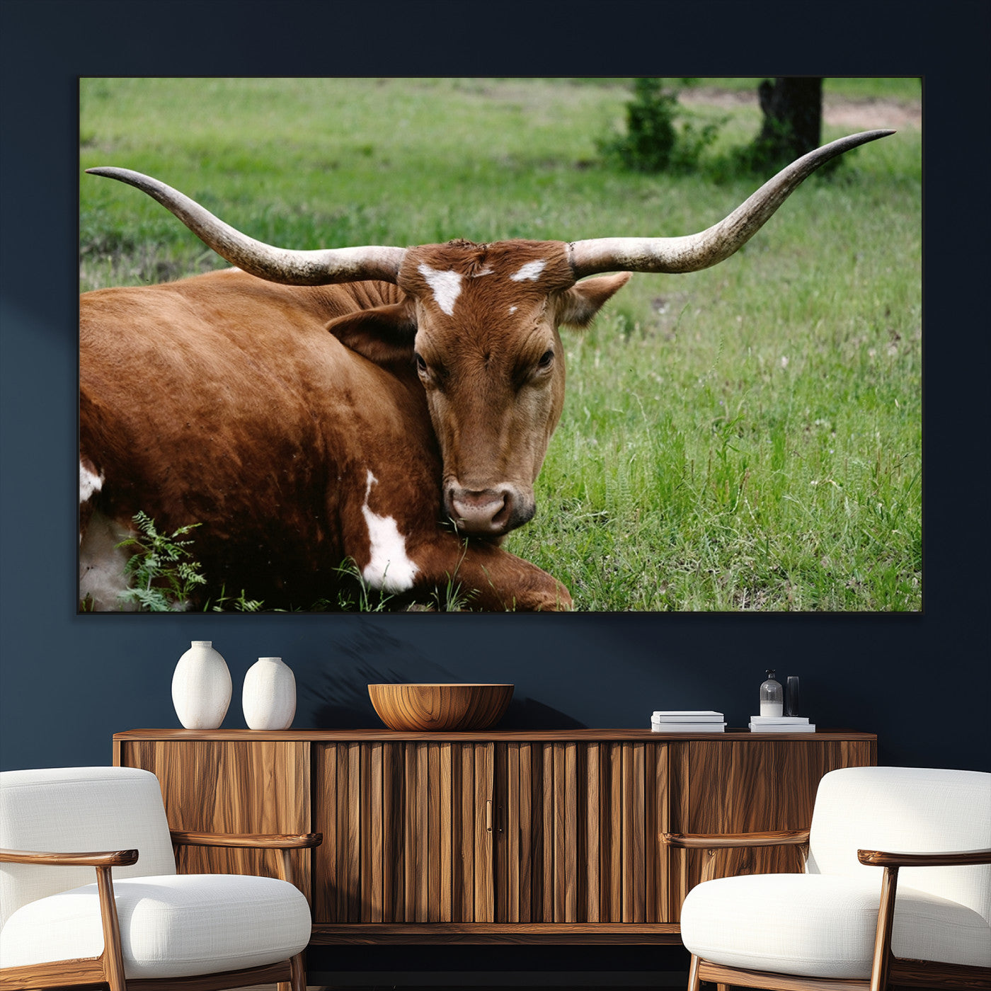 SEG-FC-51X34_Oversize - Longhorn Steer Canvas Wall Art – Rustic Nature Triptych Decor for Living Room or Office – Ready to