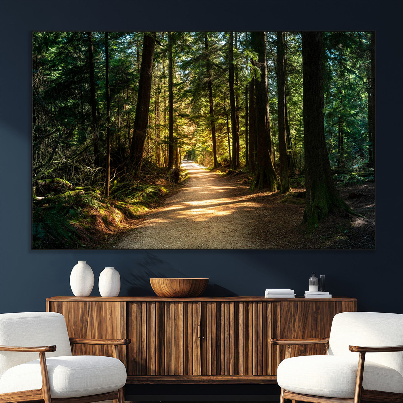 SEG-FC-51X34_Oversize - Sunlit Forest Pathway Canvas Print | 3 Panel Large Nature Wall Art for Living Room, Office, or