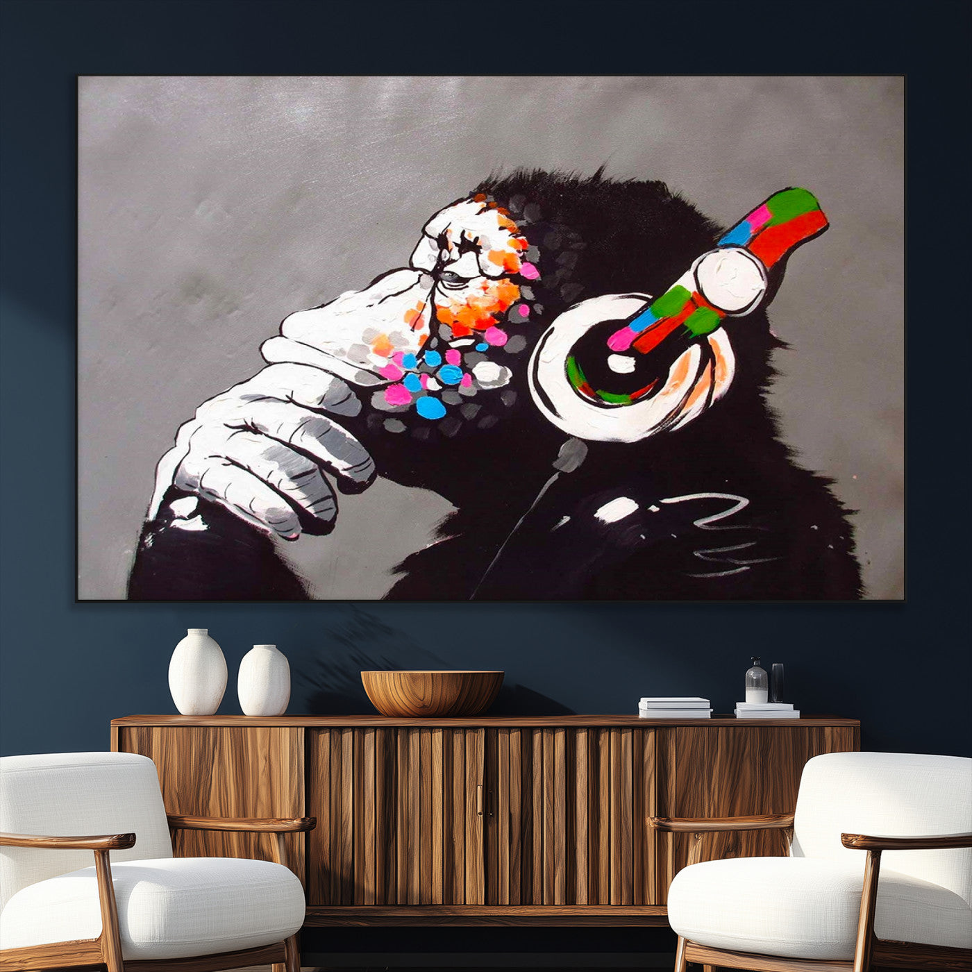 SEG-FC-51X34_Oversize - Dj Monkey Listening to Music Wall Art Print | Banksy Monkey Large Canvas Print for Living Room,
