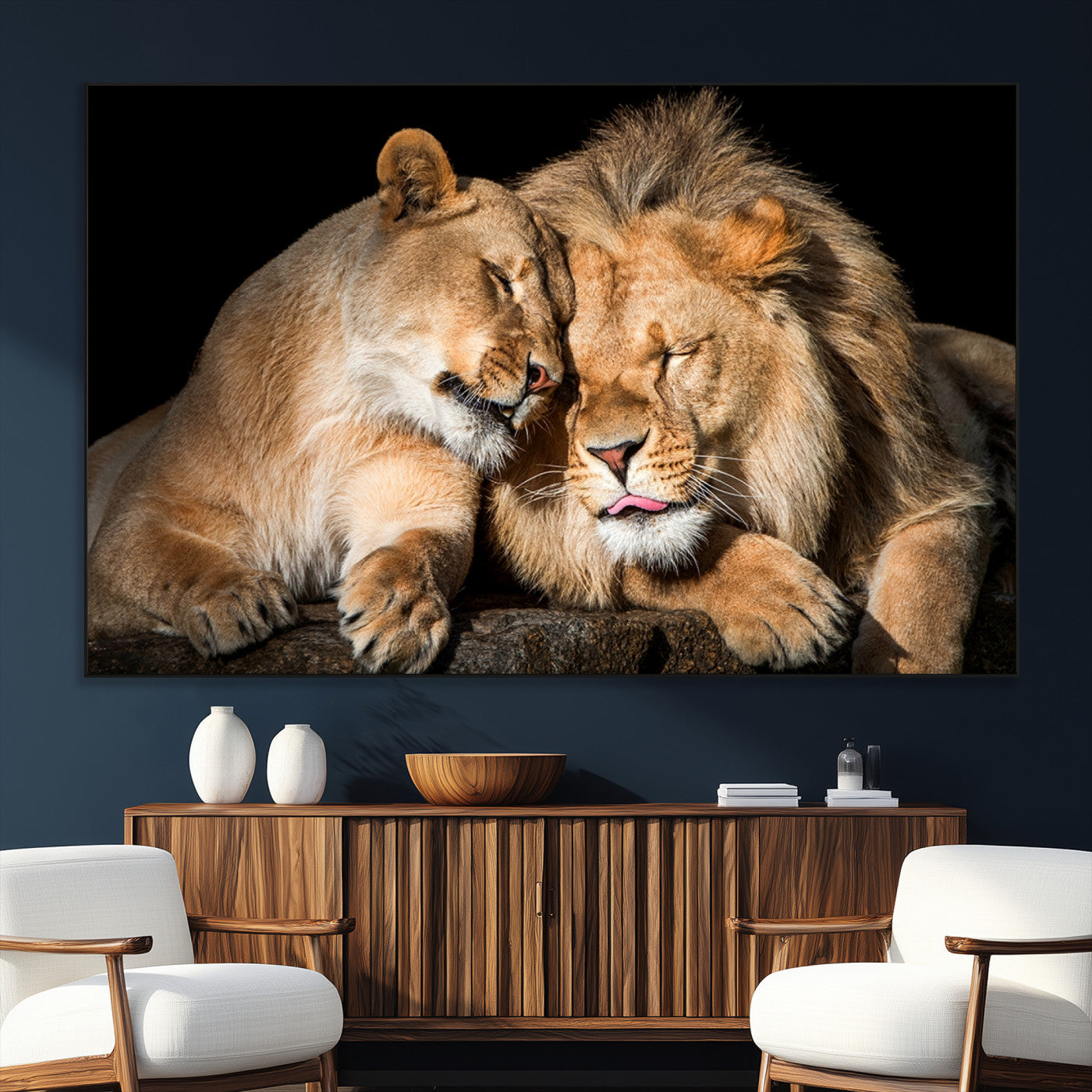 SEG-FC-51X34_Oversize - Lion and Lioness Wall Art Print Canvas | 3-Panel African Wildlife Canvas Print | Animal-Themed Art