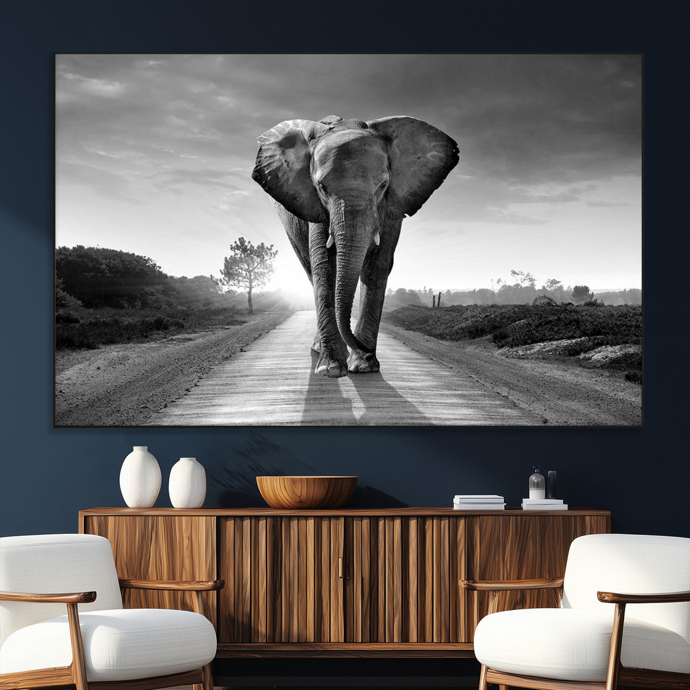 SEG-FC-51X34_Oversize - Black and White Elephant Wall Art Canvas Print