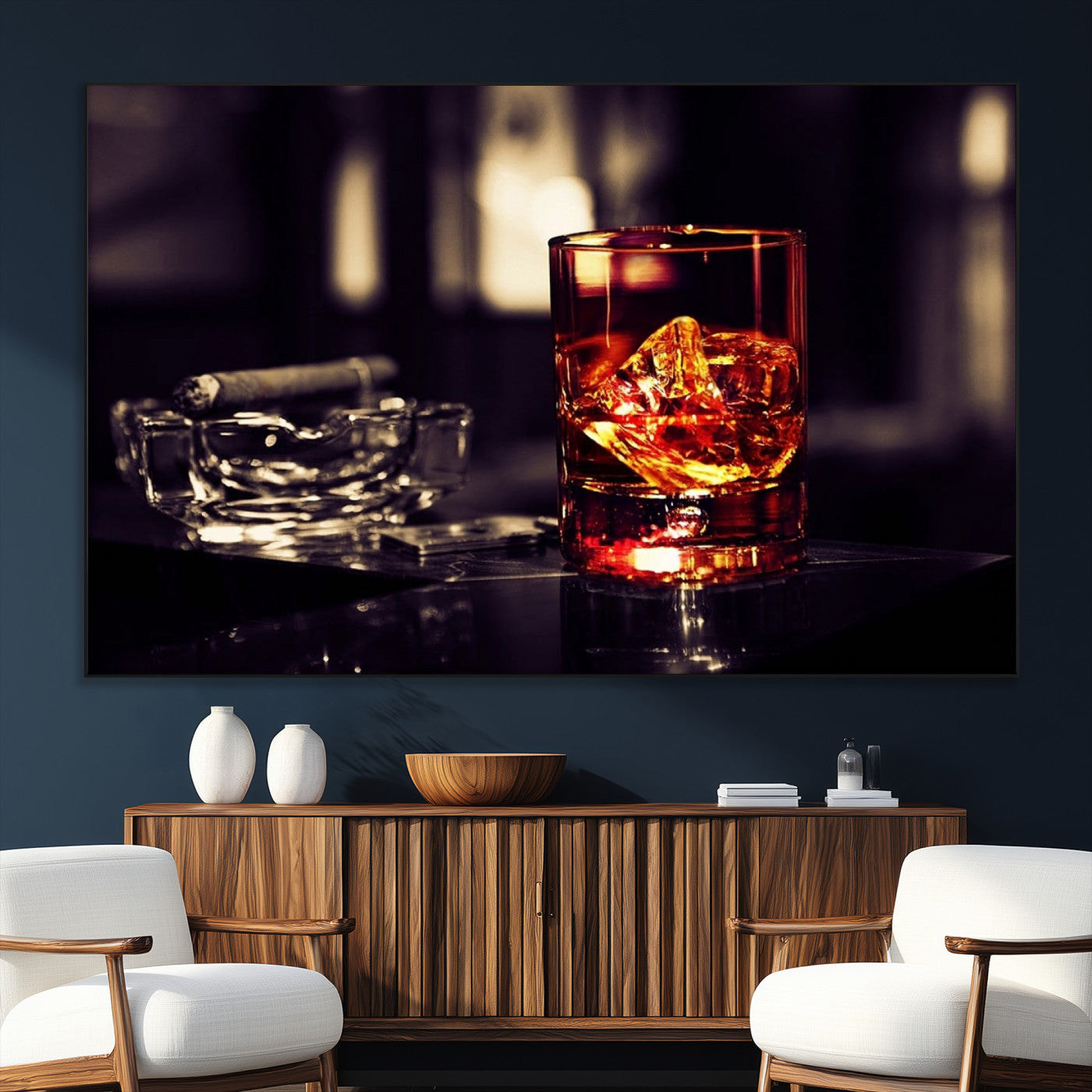 SEG-FC-51X34_Oversize - Whiskey and Cigar Canvas – Luxurious Wall Art for Home or Bar – Glass and Cigar Scene Print Canvas
