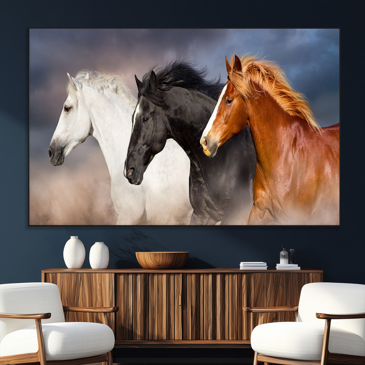 SEG-FC-51X34_Oversize - Animal Wall Art Three Horses Farmhouse Art Canvas, Framed Three Horses Canvas Print