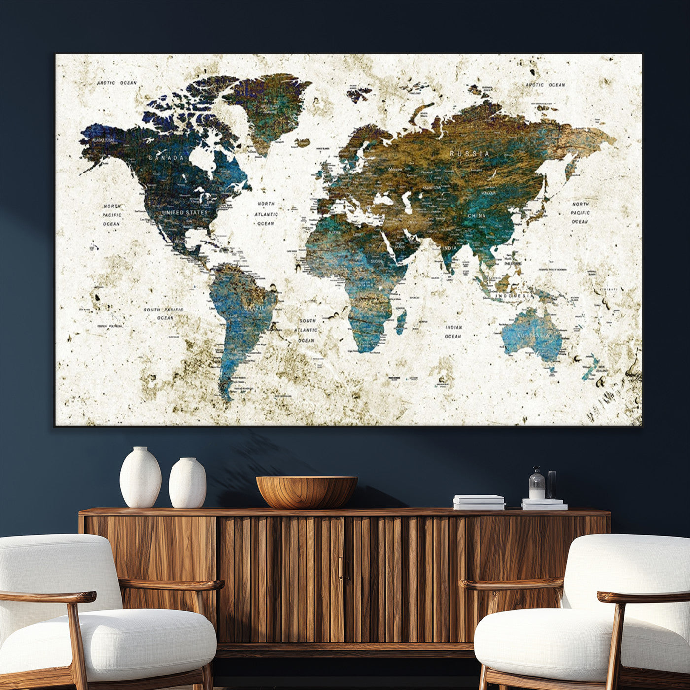 SEG-FC-51X34_Oversize - Vintage World Map Wall Art Canvas Print, Framed Rustic Earth Map Art Picture Print, Antique Map Perfect Rustic Vintage Decor Artwork
