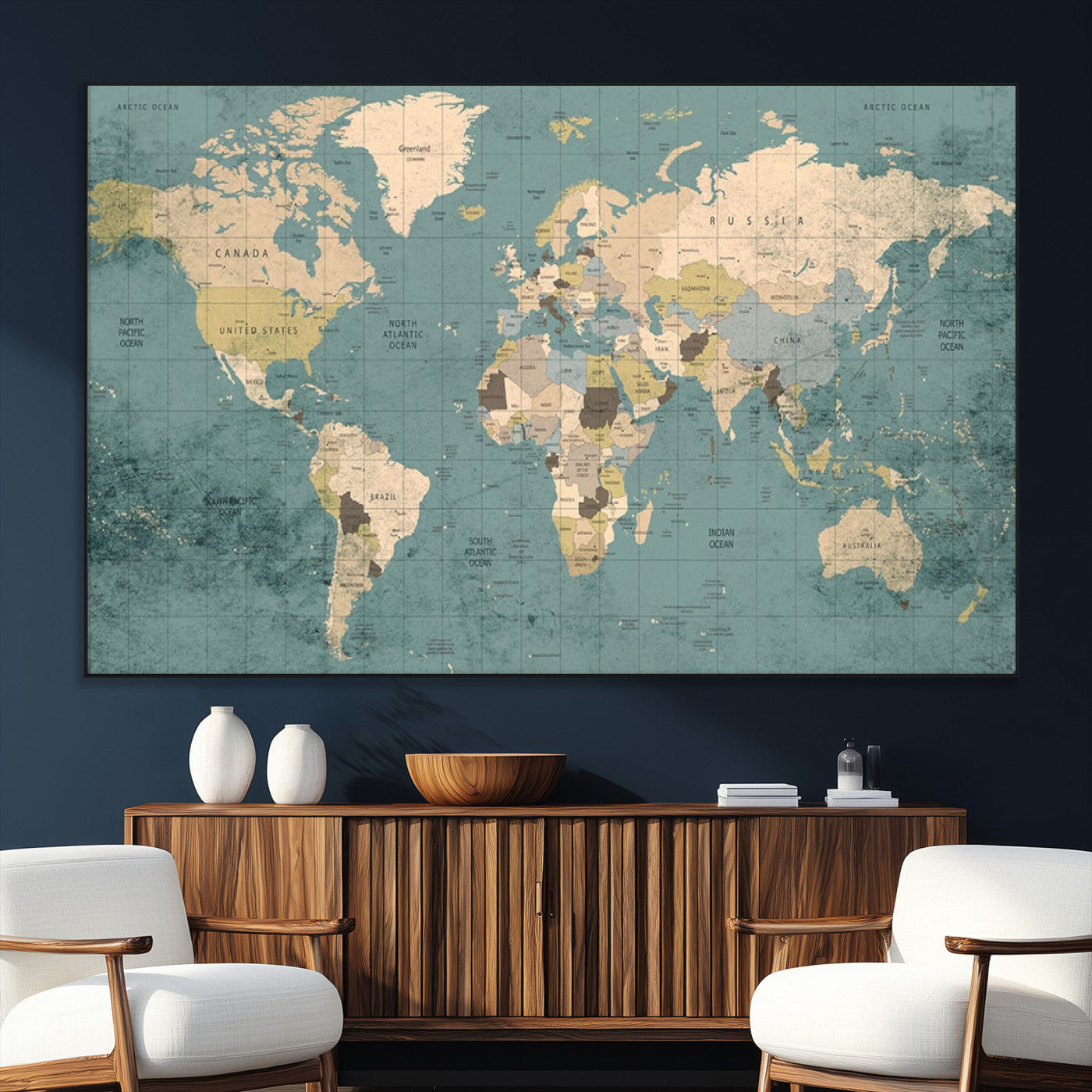 SEG-FC-51X34_Oversize - Classic World Map Wall Art Canvas Print, Framed Retro Map Art Picture Print, Vintage Atlas Perfect Rustic Explorer Decor Artwork