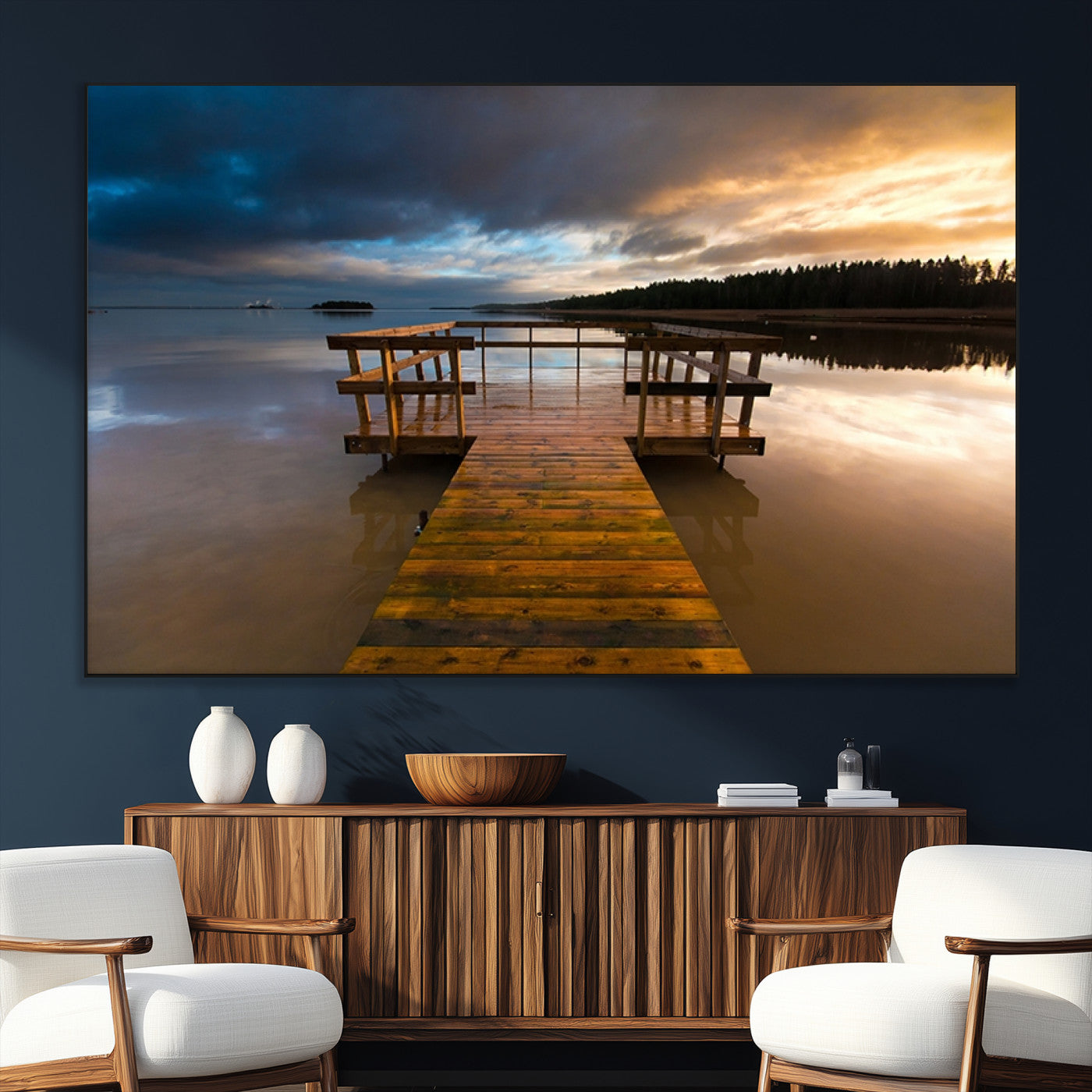 SEG-FC-51X34_Oversize - Serene Lake Pier at Sunset Canvas Print | Landscape Canvas Print | Ready to Hang and Framed Wall Art