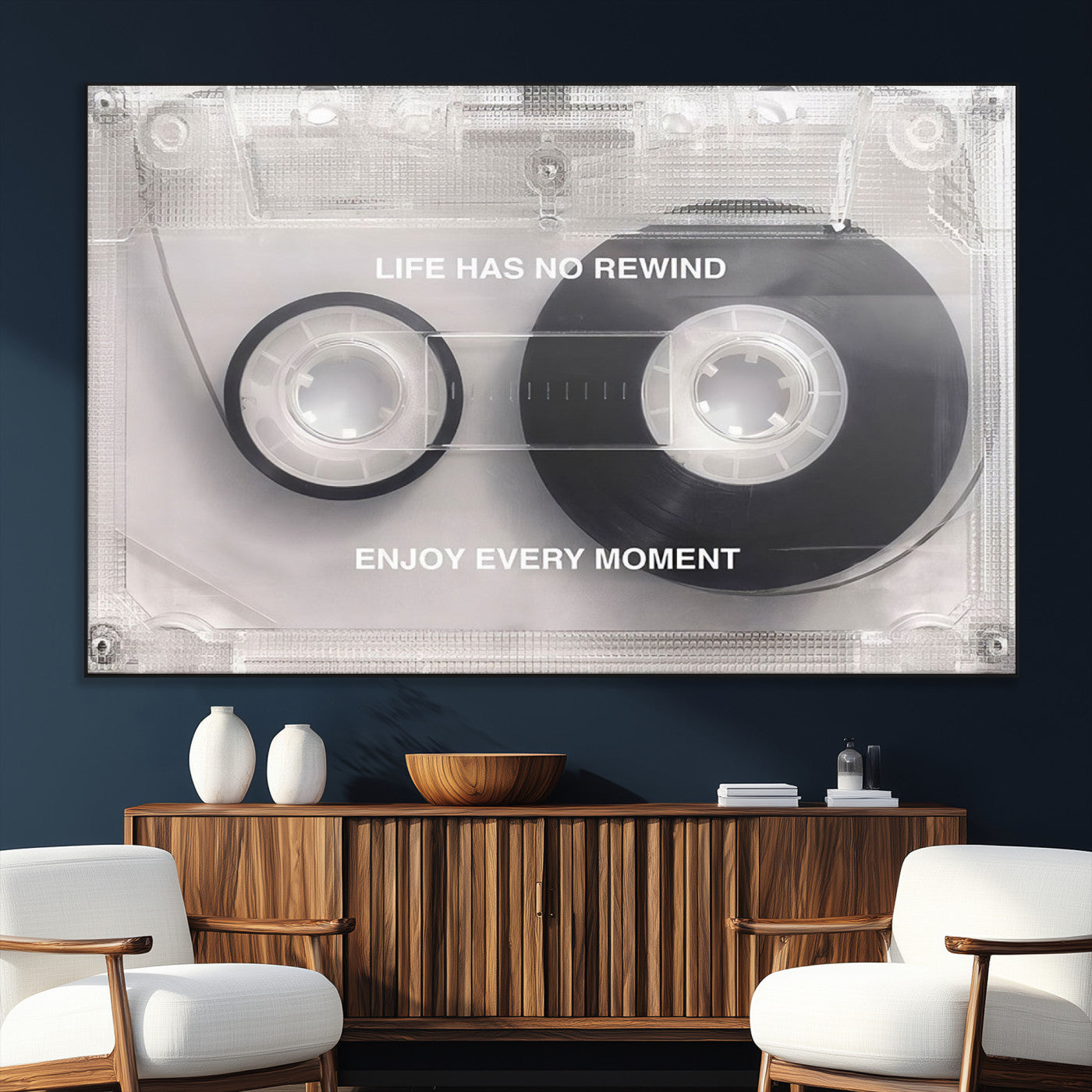 SEG-FC-51X34_Oversize - Vintage Cassette Tape Canvas Wall Art - Inspirational 'Life Has No Rewind' Quote, Retro Music Decor