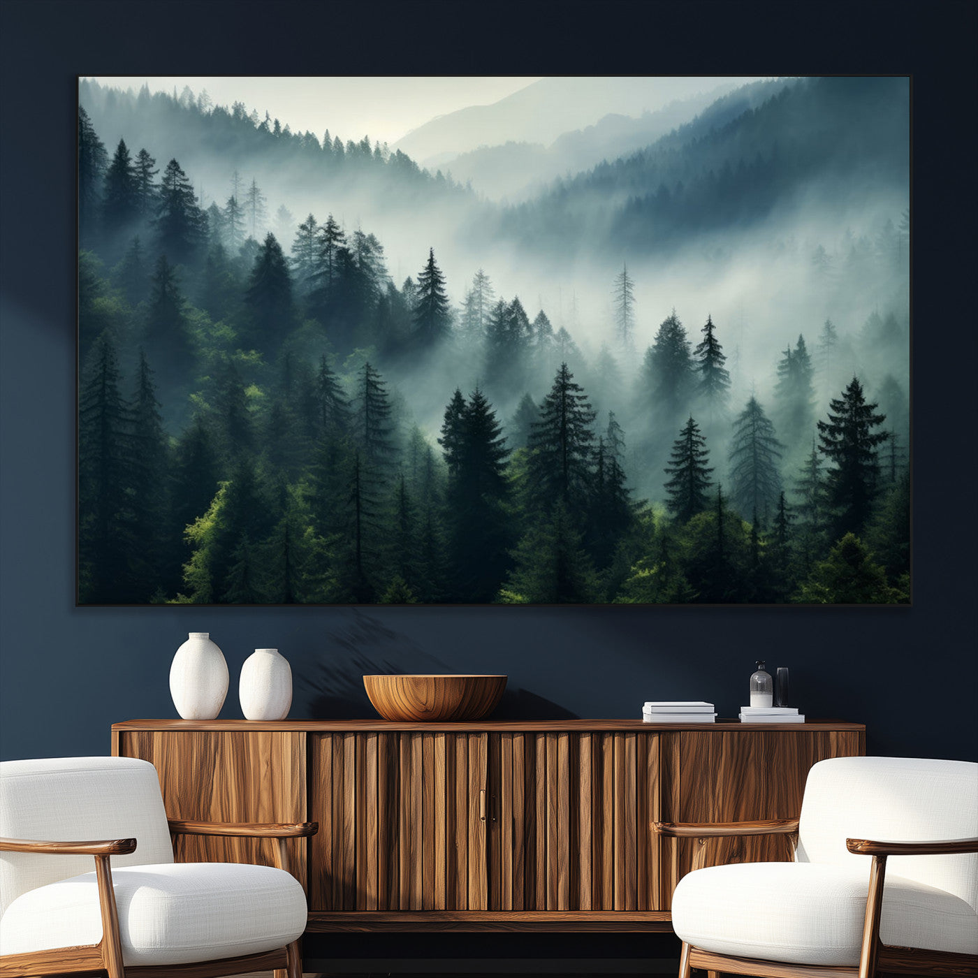 SEG-FC-51X34_Oversize - Captivating Misty Forest Wall Art Premium Canvas Print a Foggy and Serene Atmosphere Art
