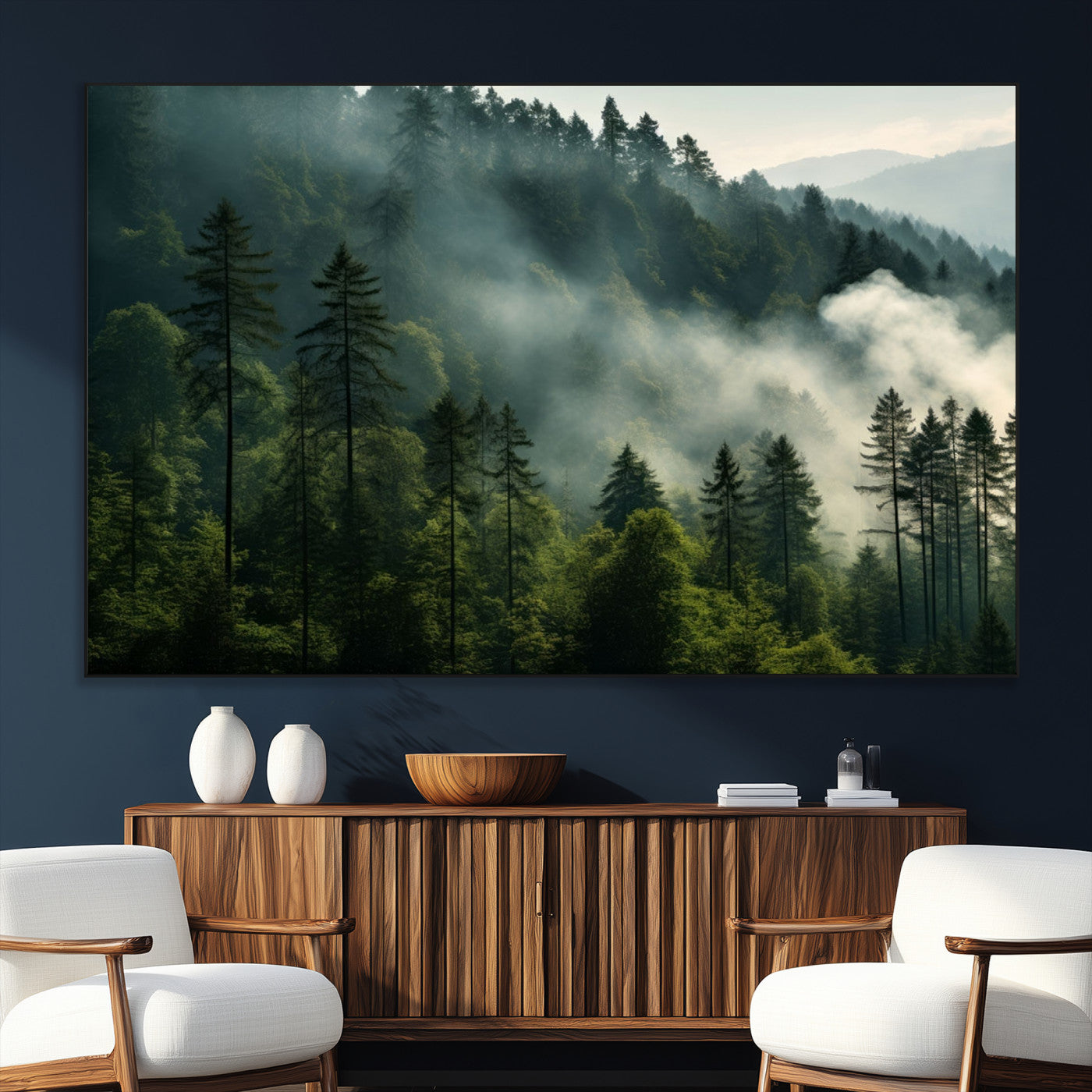 SEG-FC-51X34_Oversize - Misty Forest Wall Art Premium Canvas Print a Foggy and Serene Atmosphere