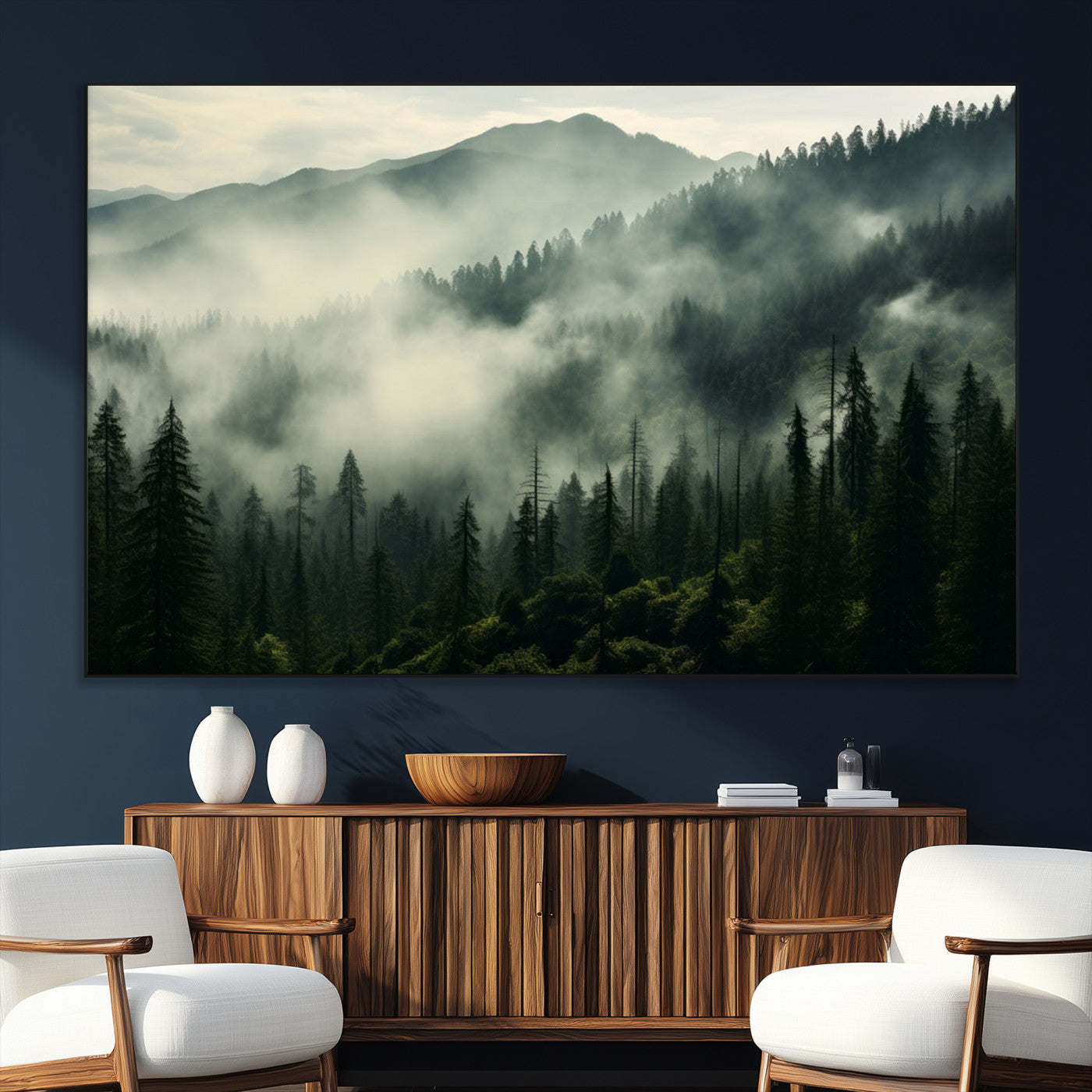 SEG-FC-51X34_Oversize - Captivating Misty Forest Wall Art Premium Canvas Print a Foggy and Serene Atmosphere