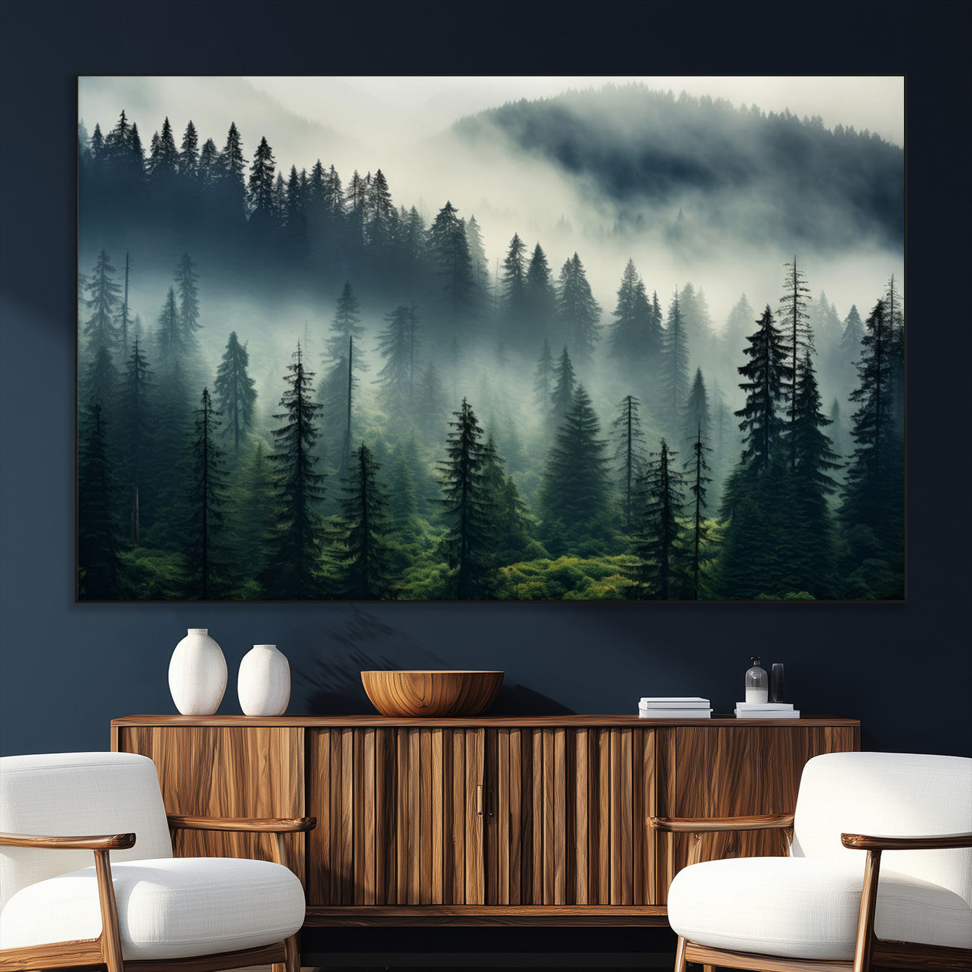 SEG-FC-51X34_Oversize - Captivating Misty Forest Wall Art Premium Canvas Print a Foggy and Serene Atmosphere