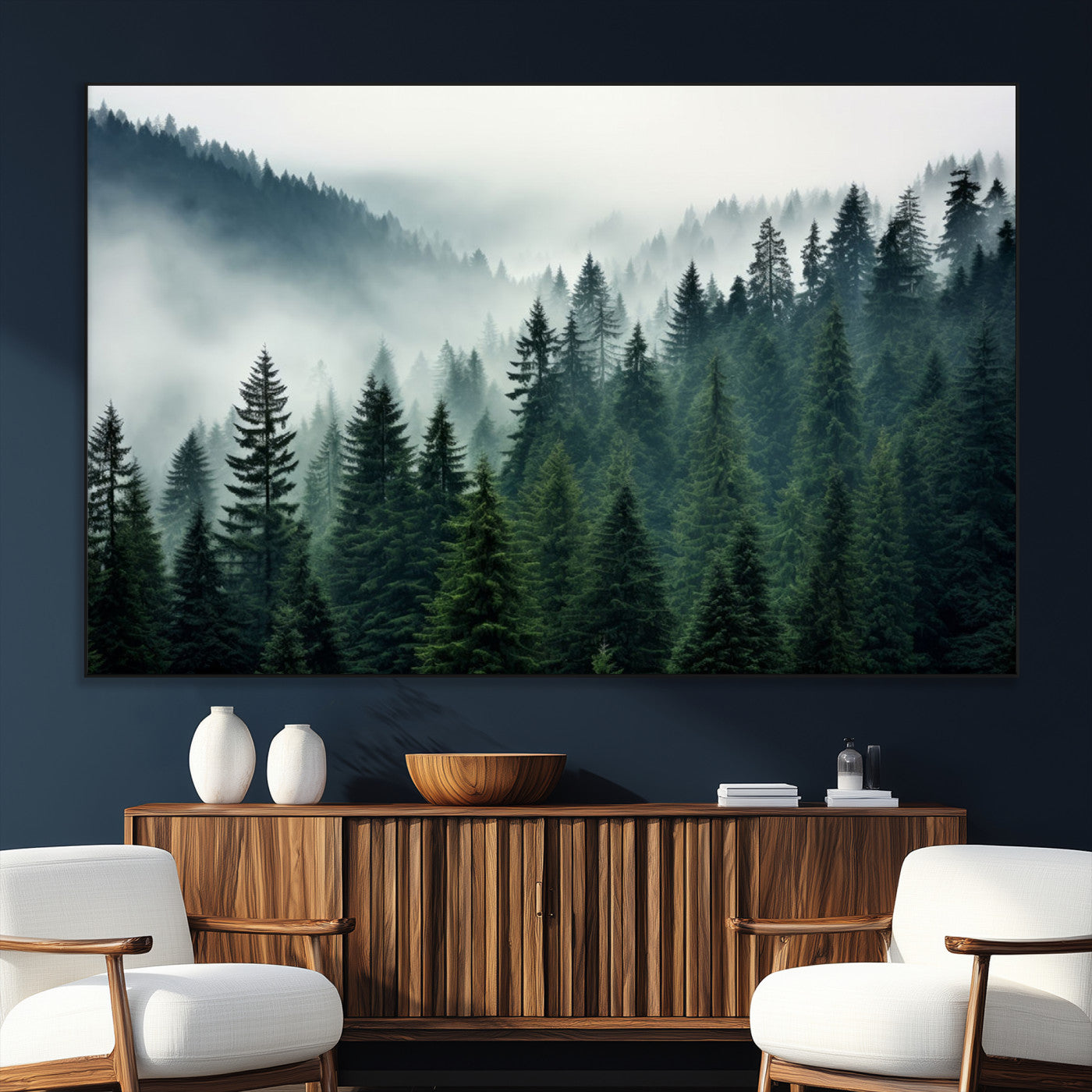 SEG-FC-51X34_Oversize - Captivating Misty Forest Wall Art Premium Canvas Print, Foggy and Serene Atmosphere Canvas Print