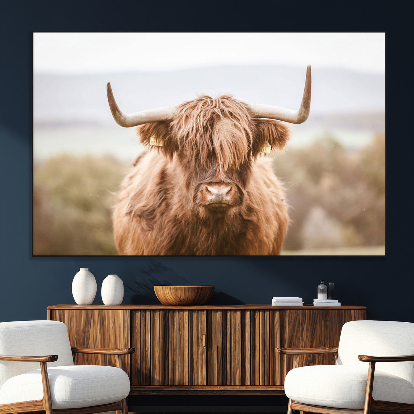 SEG-FC-51X34_Oversize - Scottish Serene Highland Cow Canvas Wall Art – Serene Highland Cow in Natural Pastel Tones – Ready