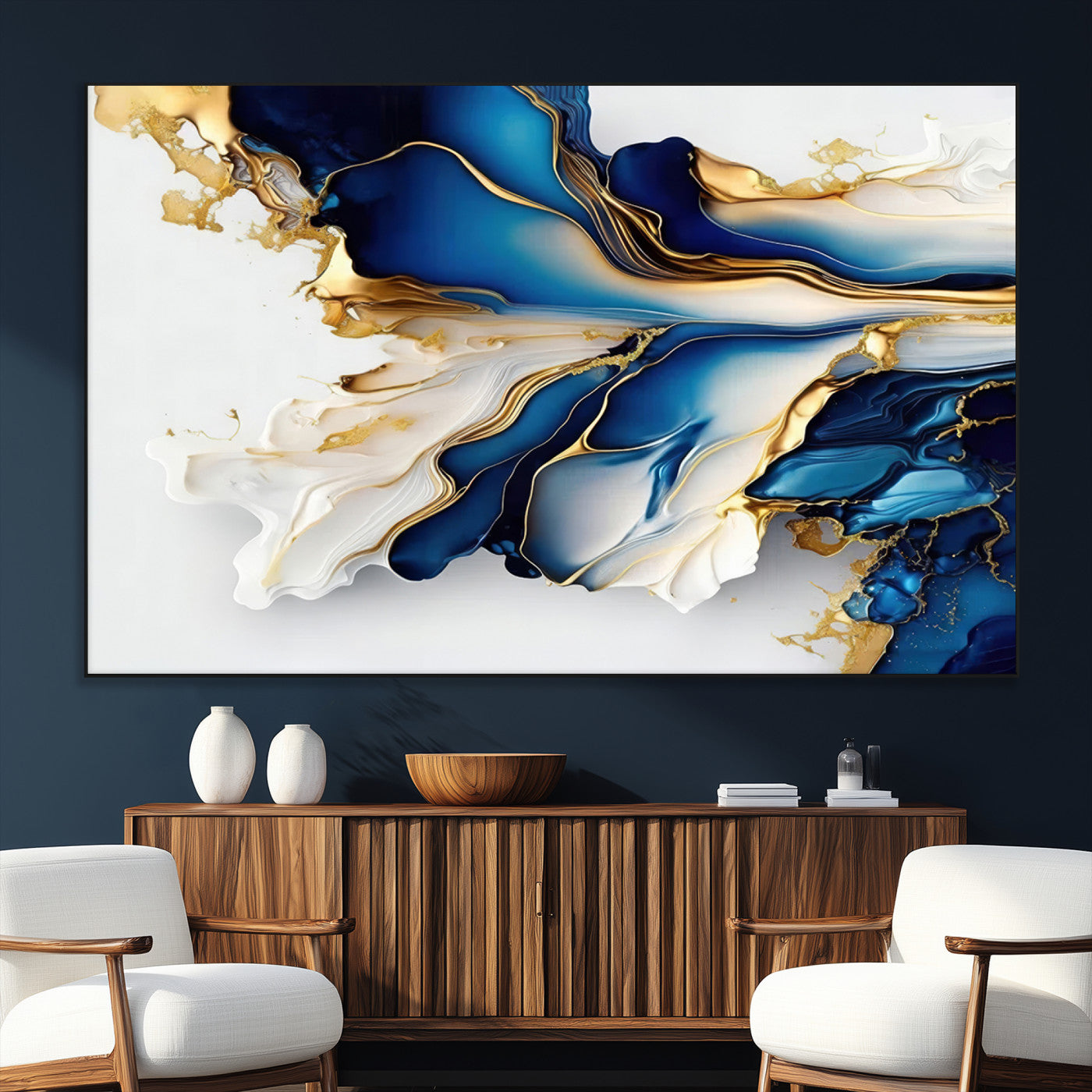 SEG-FC-51X34_Oversize - Gold Marble Art - Abstract Geode Gold And Blue Marble Shape 3 Pieces Wall Art Canvas Print