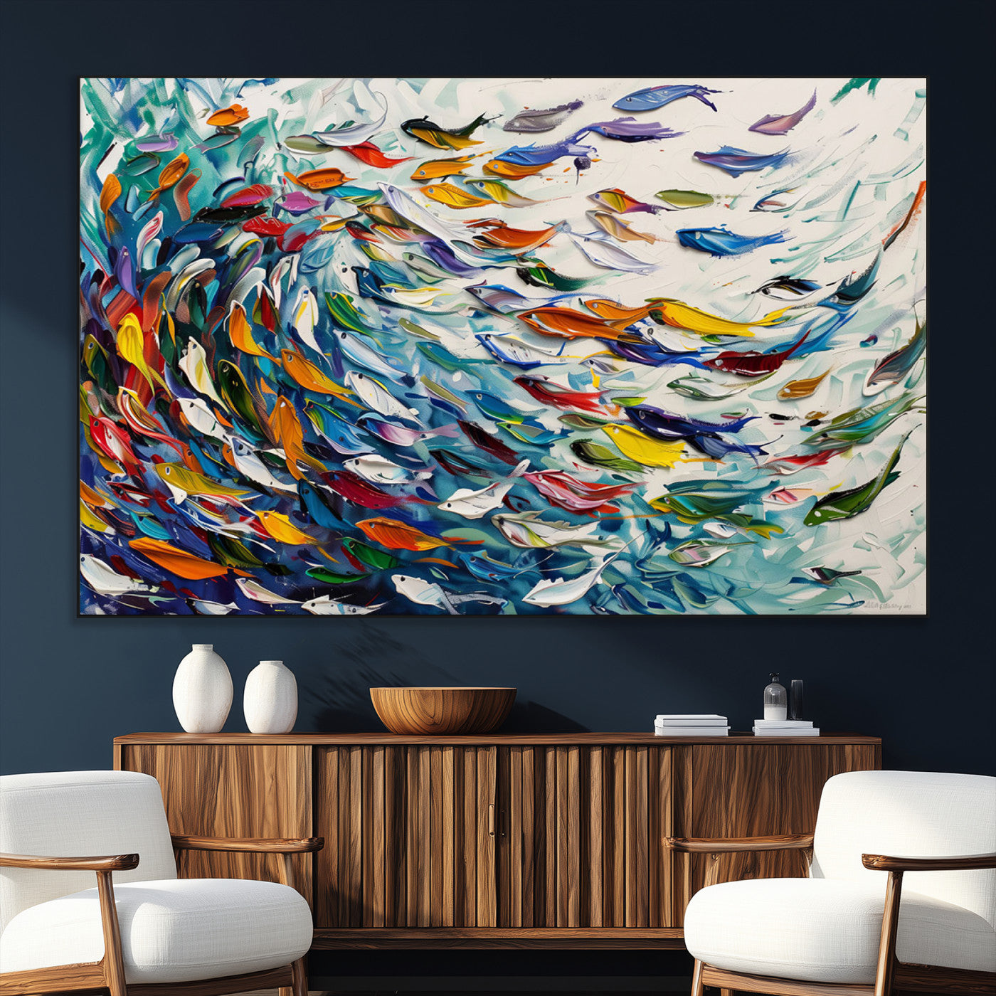 SEG-FC-51X34_Oversize - Modern Abstract Fish Shoal Wall Art Canvas Print, Colorful Fish Herd Painting on Canvas Print, Ocean