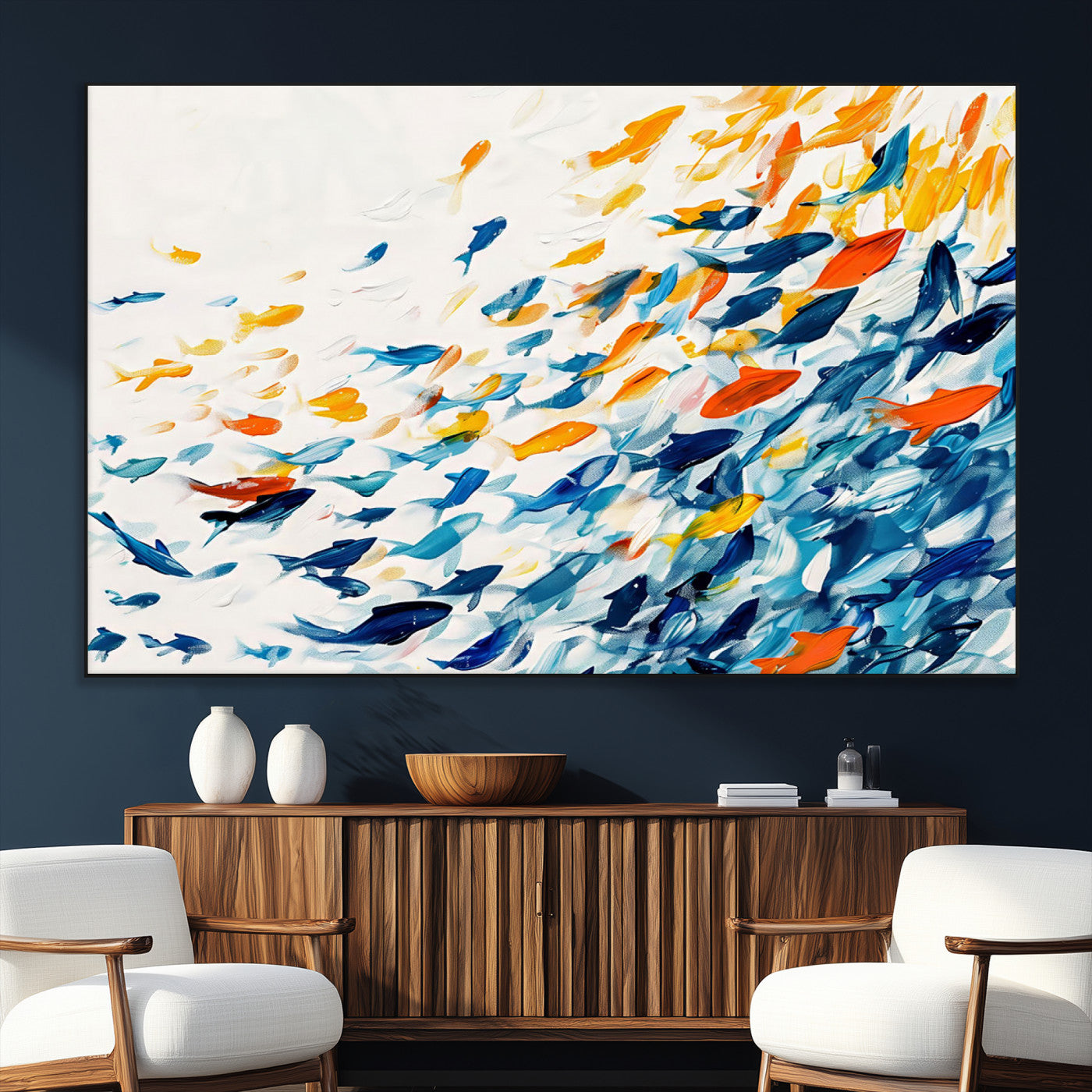 SEG-FC-51X34_Oversize - Abstract Fish Shoal Wall Art Canvas Print, Colorful Fish Herd Painting on Canvas Print, Ocean Animal