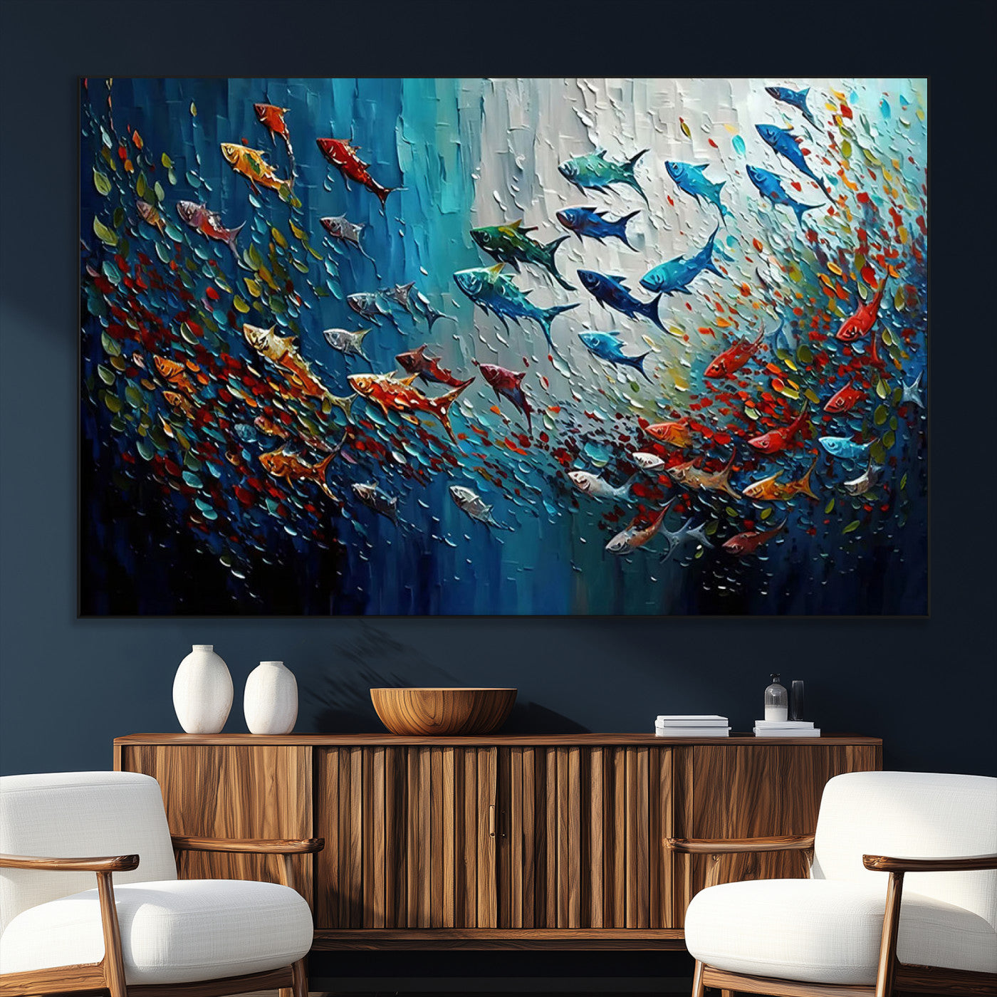 SEG-FC-51X34_Oversize - Modern Abstract Fish Shoal Wall Art Canvas Print, Colorful Fish Herd Painting on Canvas Print, Ocean