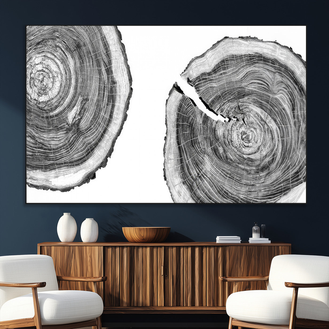 SEG-FC-51X34_Oversize - Modern Black and White Tree Rings Canvas Wall Art – Nature Inspired Wood Slice Print – Minimalist