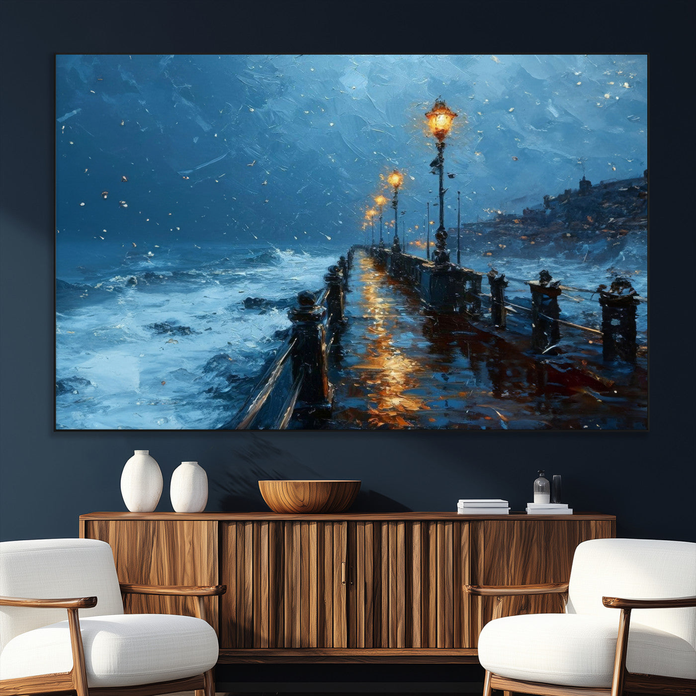 SEG-FC-51X34_Oversize - Stormy Night at Beach Pier Oil Painting Large Wall Art Print, Framed Canvas Nature Wall Decor,