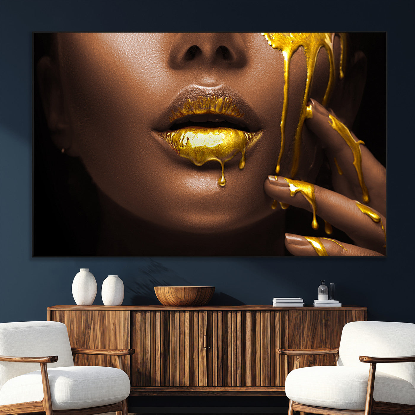 SEG-FC-51X34_Oversize - African American Art Black Woman Canvas Print, African Wall Art, Fashion African Woman Gold Lips