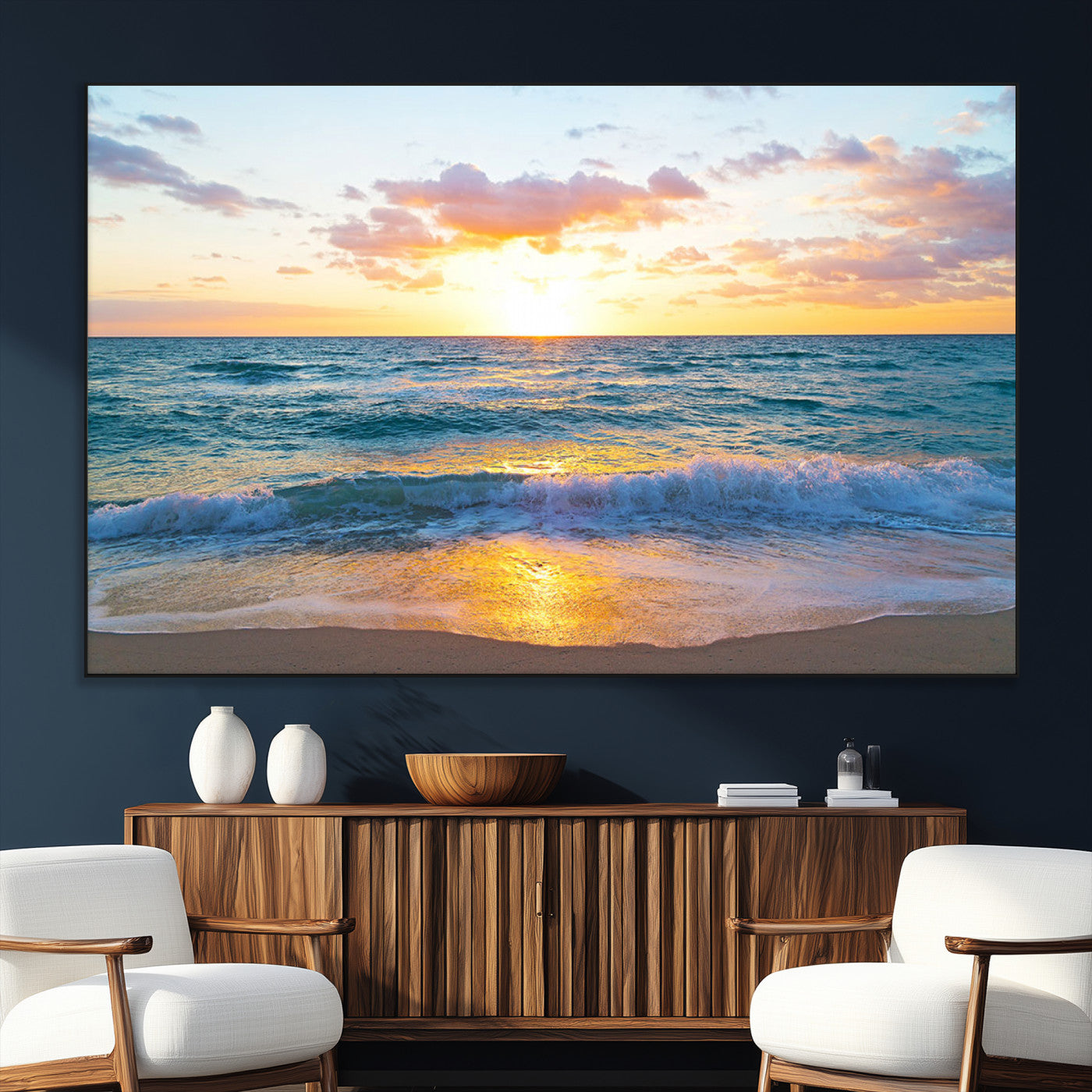 SEG-FC-51X34_Oversize - Golden Sunset Over Ocean Waves - Serene Coastal Triptych Wall Art for Relaxing Home Decor, Ready to