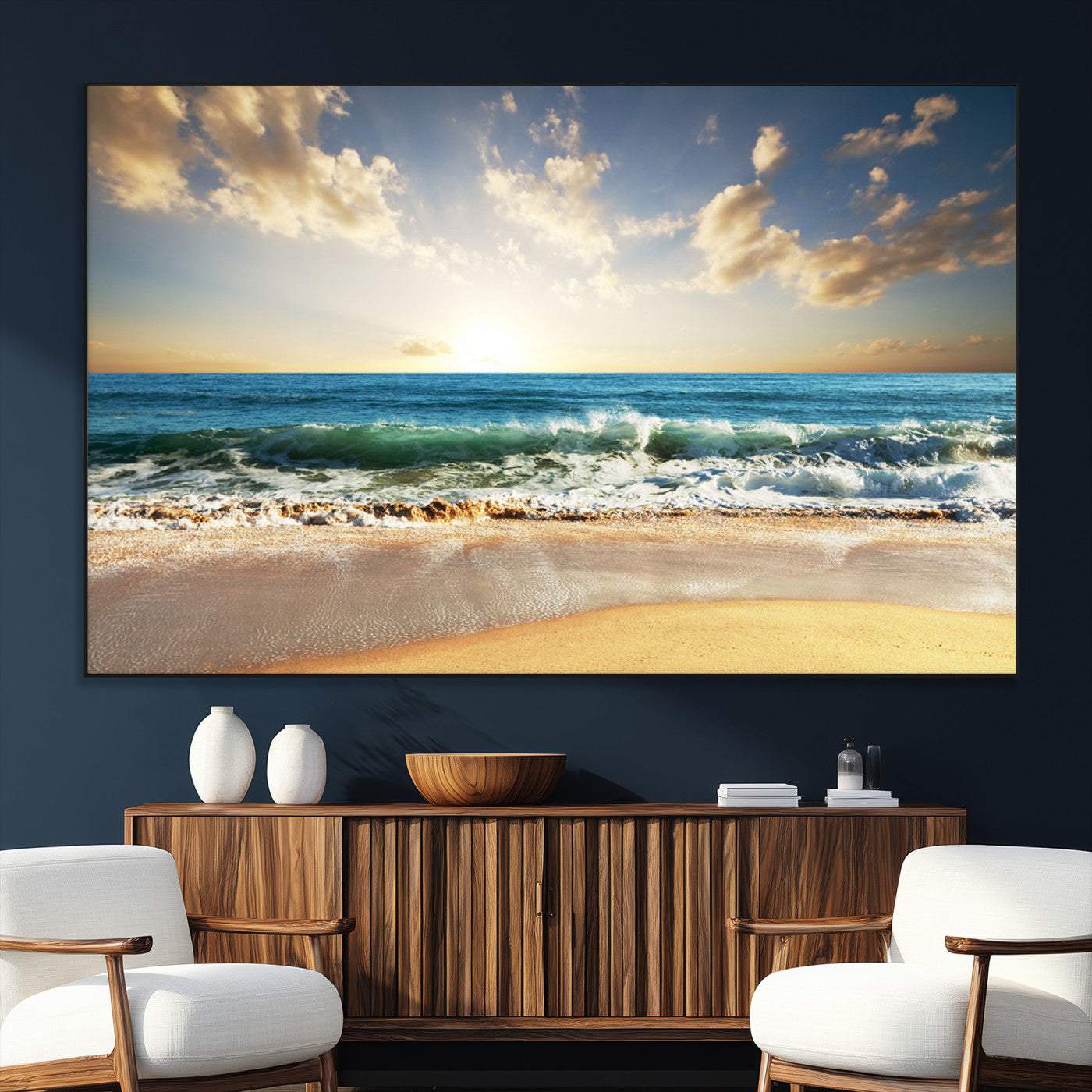 SEG-FC-51X34_Oversize - Golden Sunset Beach Triptych Canvas Wall Art for Living Room – 3-Panel Ocean View, Framed & Ready to