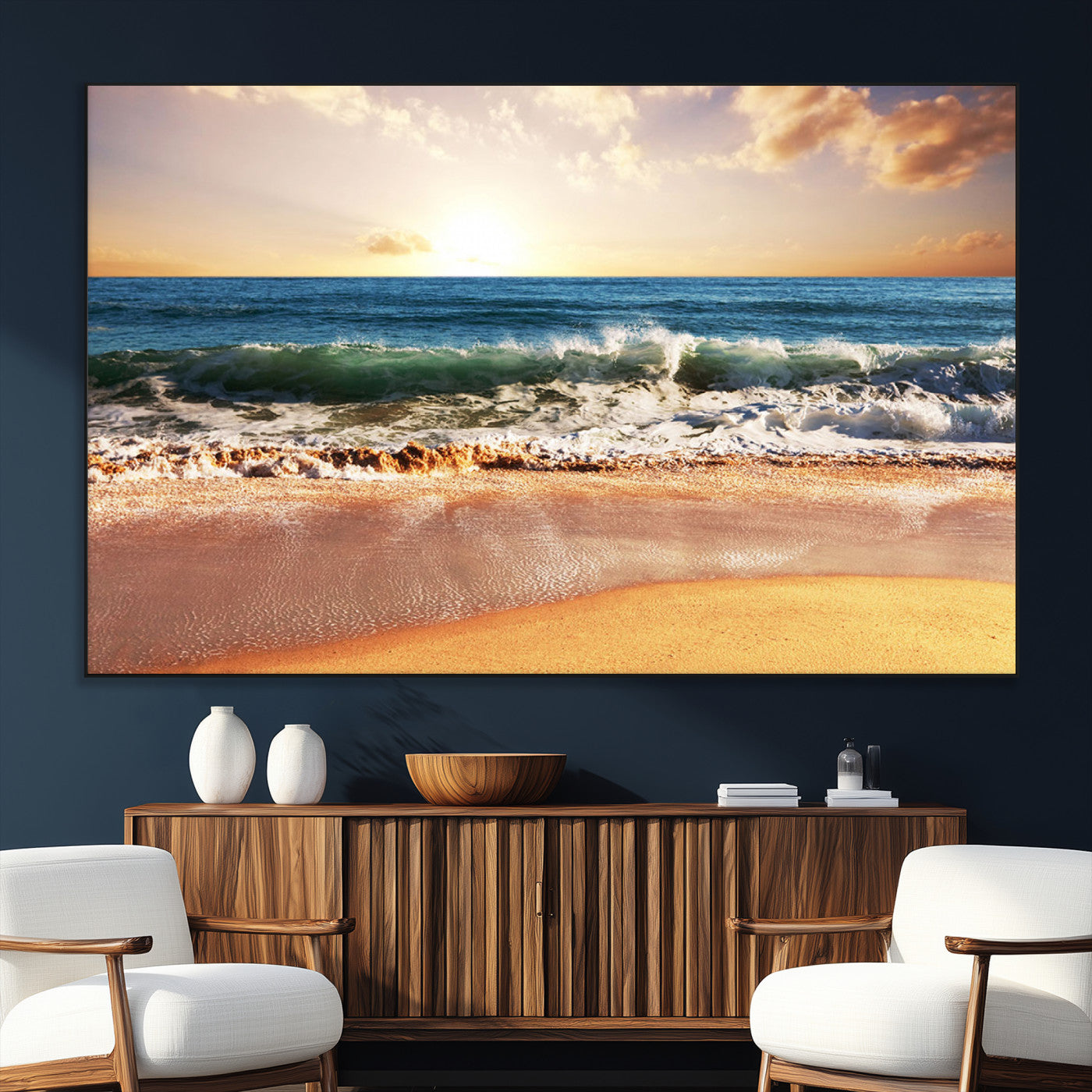 SEG-FC-51X34_Oversize - Sunset Beach Wall Art - 3-Panel Framed Canvas Print, Ready to Hang Ocean Sunset for Coastal and