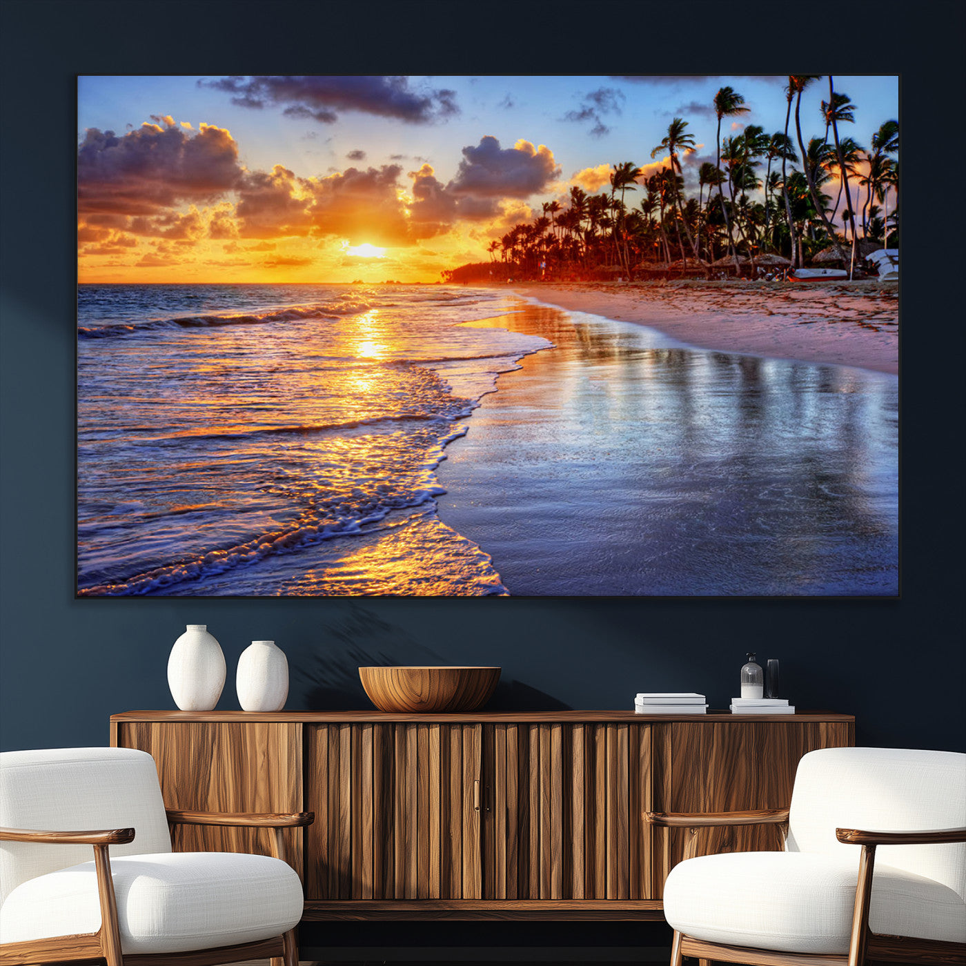 SEG-FC-51X34_Oversize - Serene Beach Sunset Wall Art Canvas- Coastal Seascape Print for Living Room or Bedroom, Ocean Waves